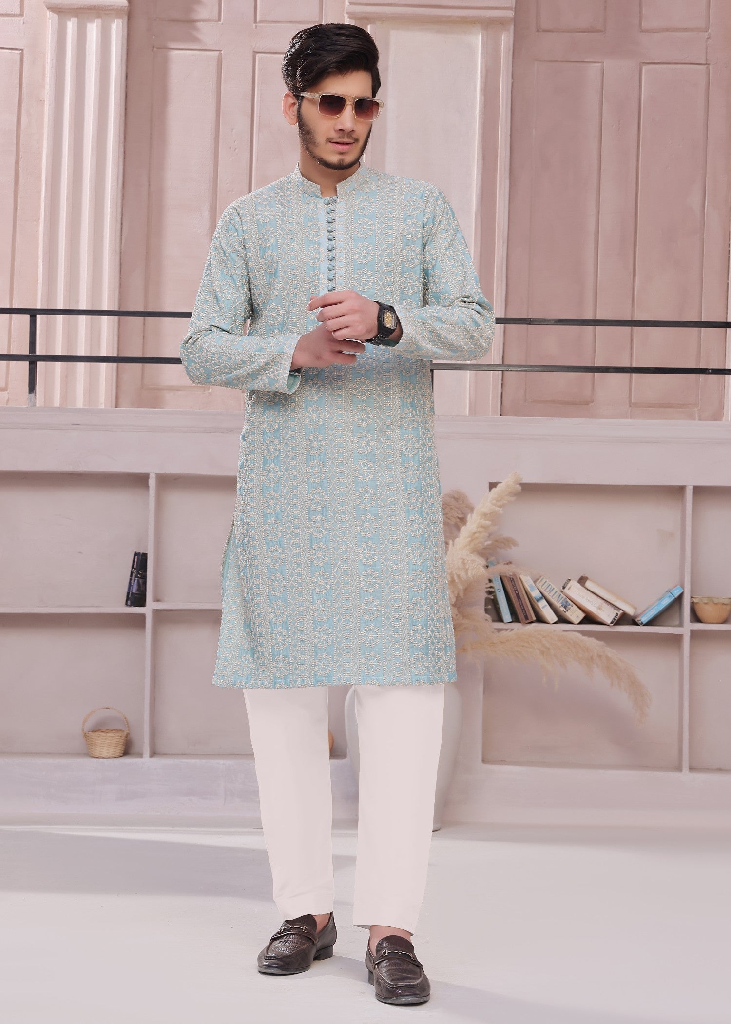 cotton silk Kurta Set in Aquamarine