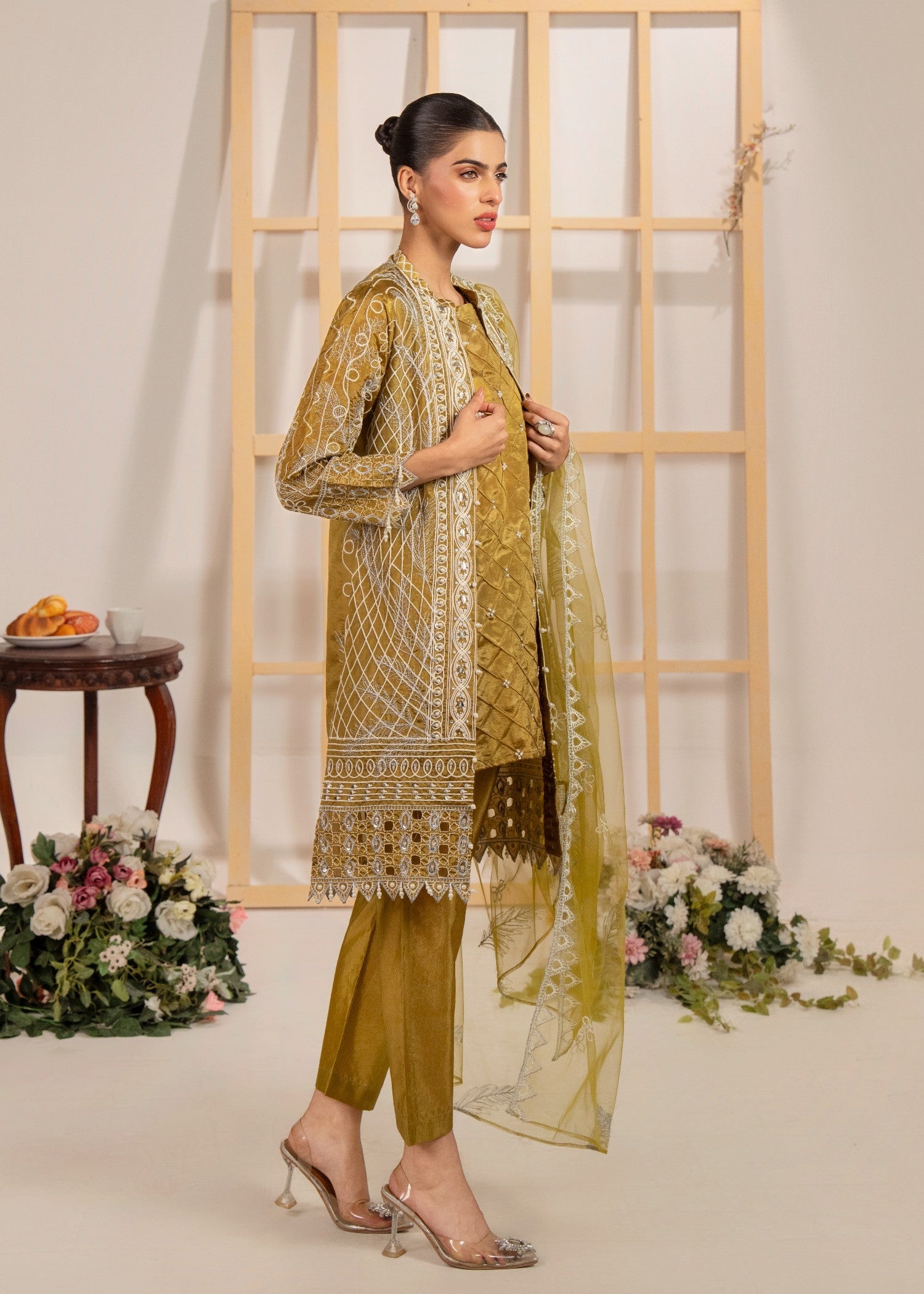 raw silk Gown in Olive green