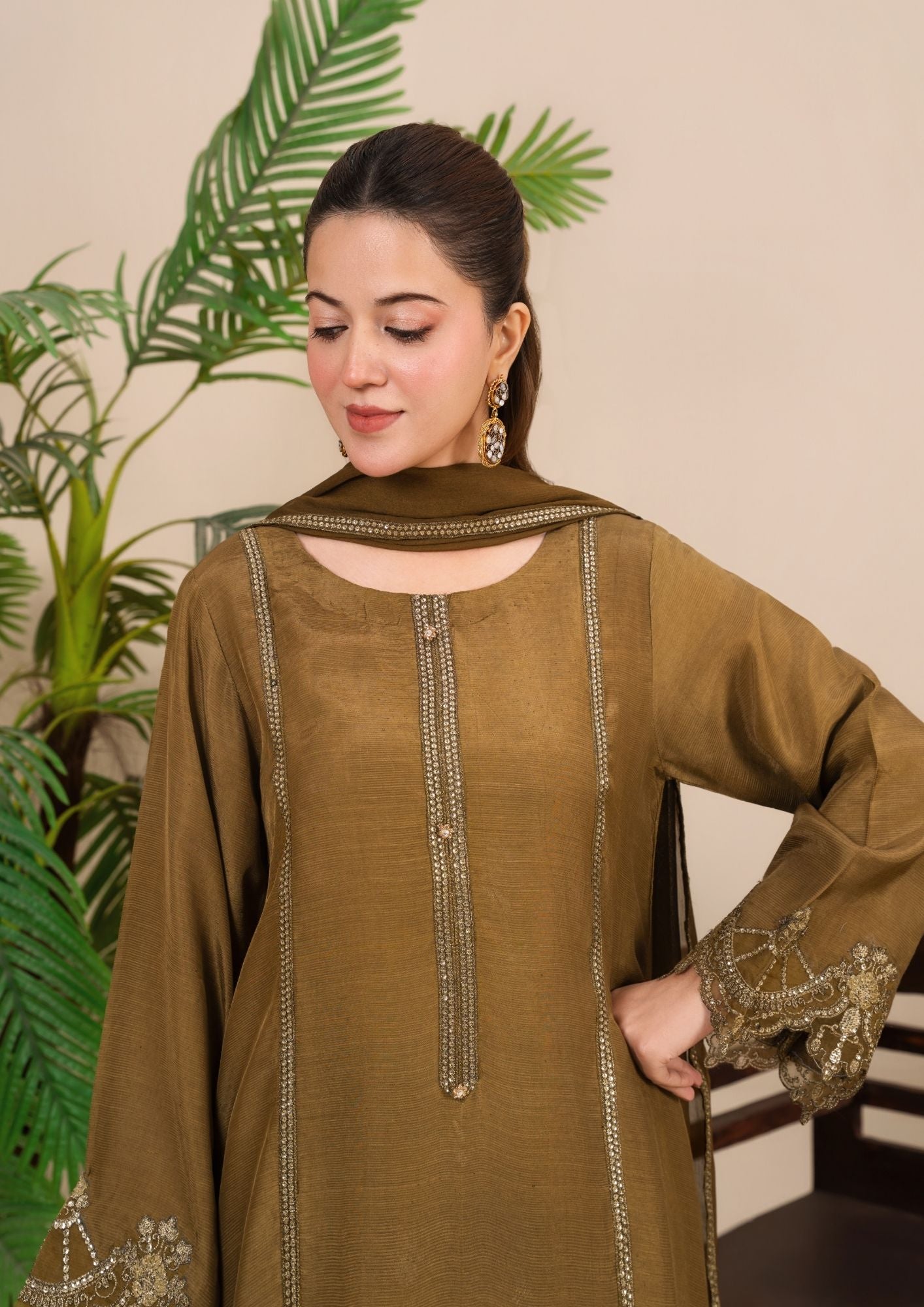 viscose raw silk Kurta Set in Golden brown