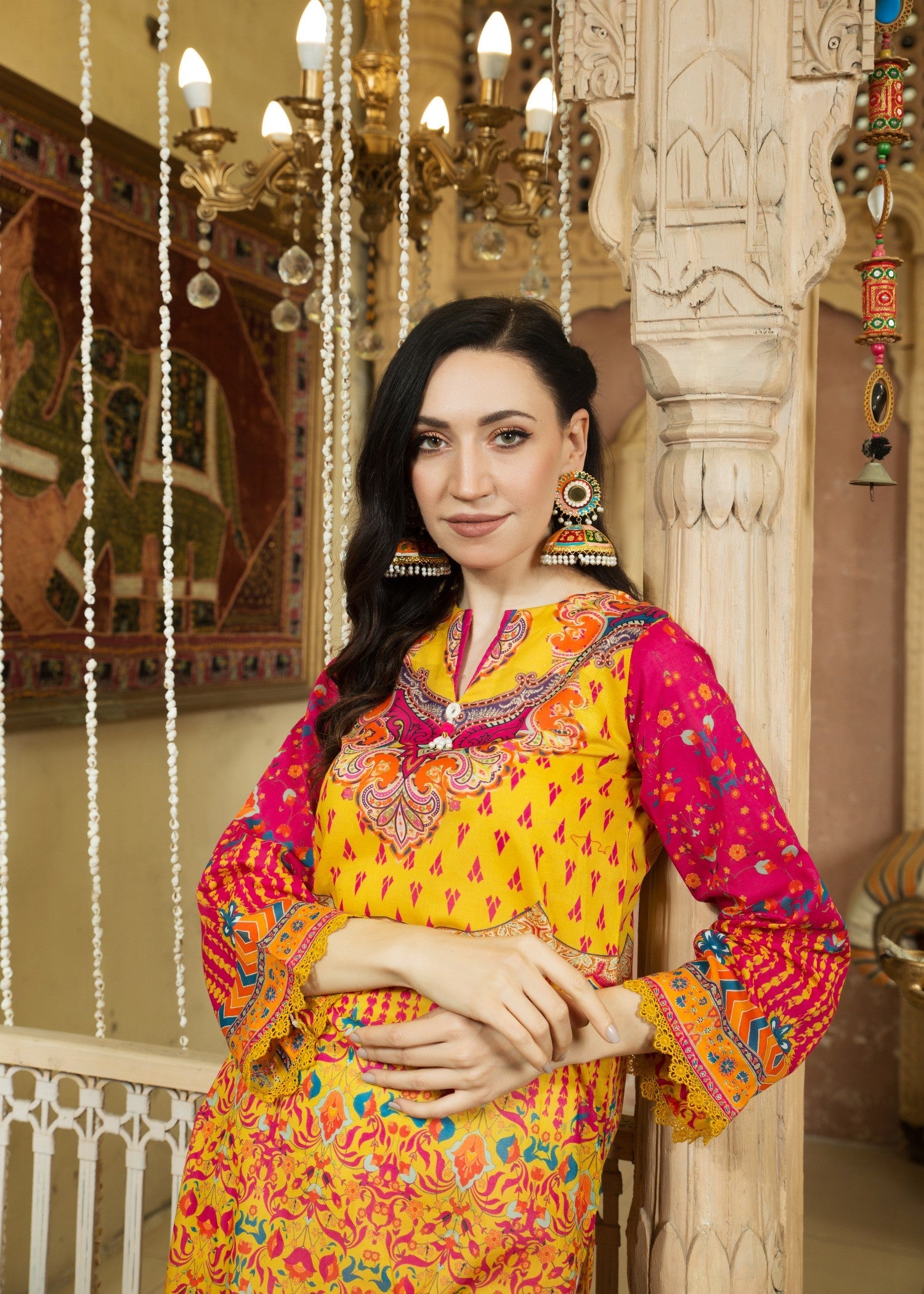 lawn Kurti in Gold, canary, deep pink