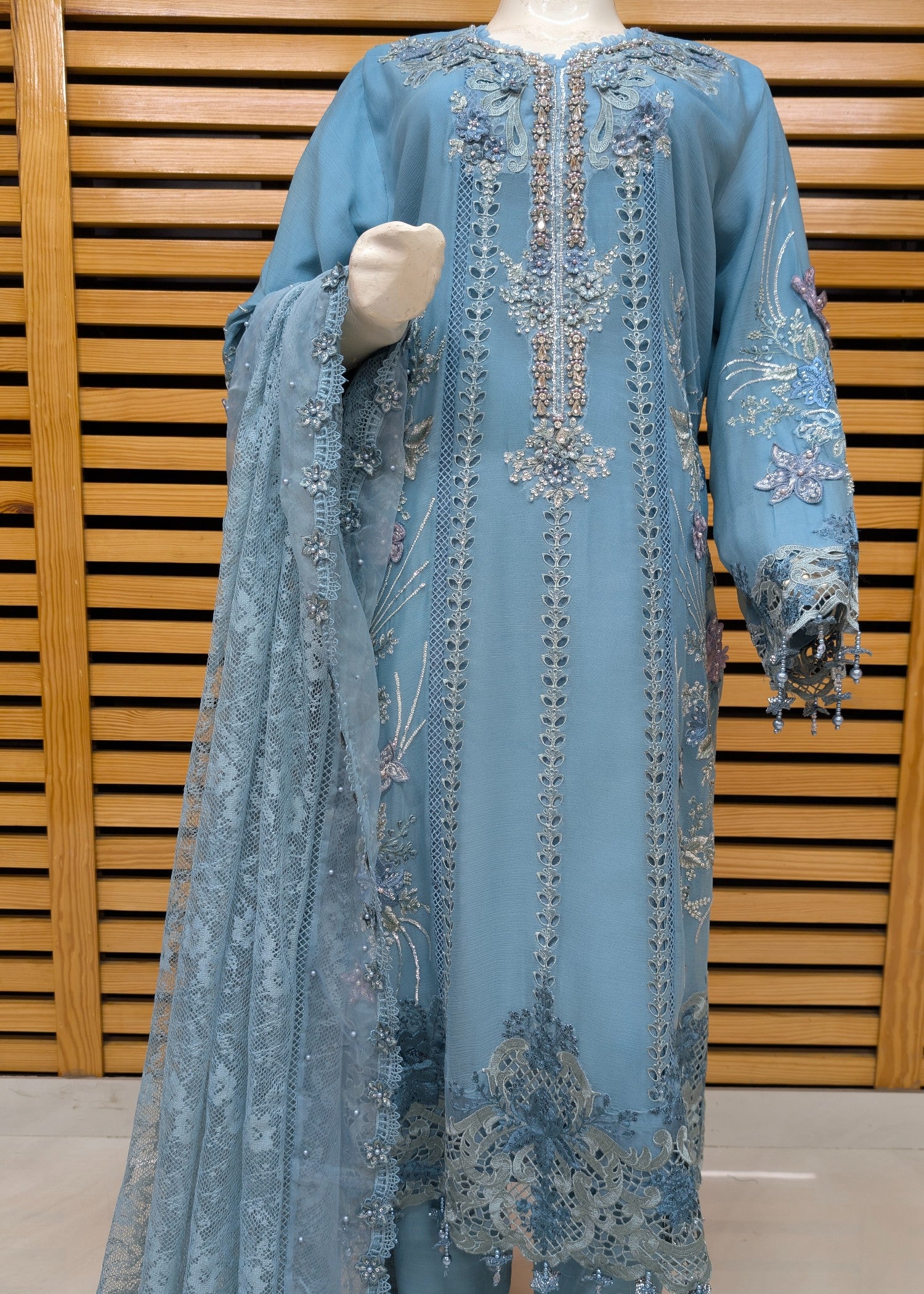 chiffon Kurta Set in Sky