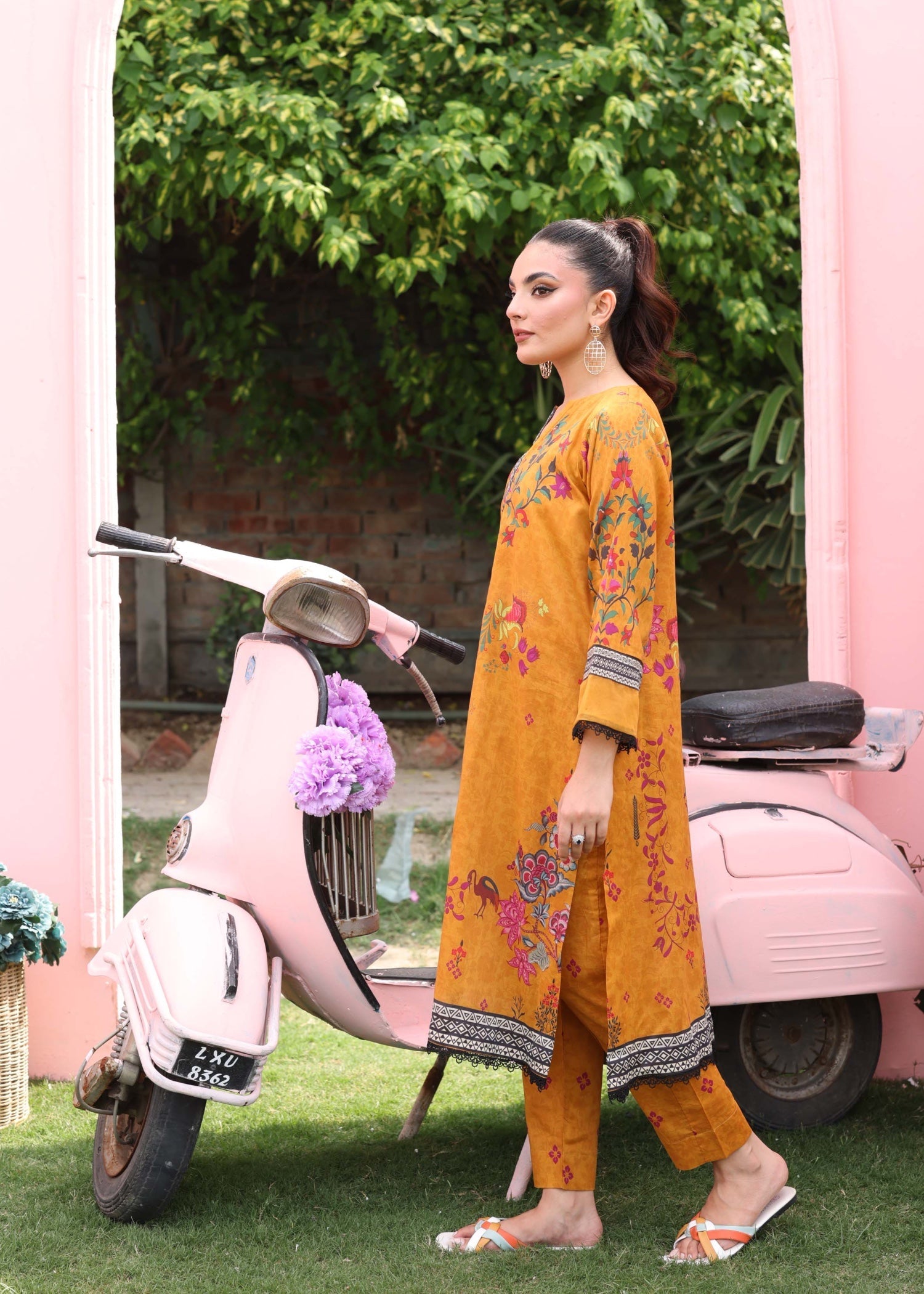 silk finish lawn Kurta Set in Mustard