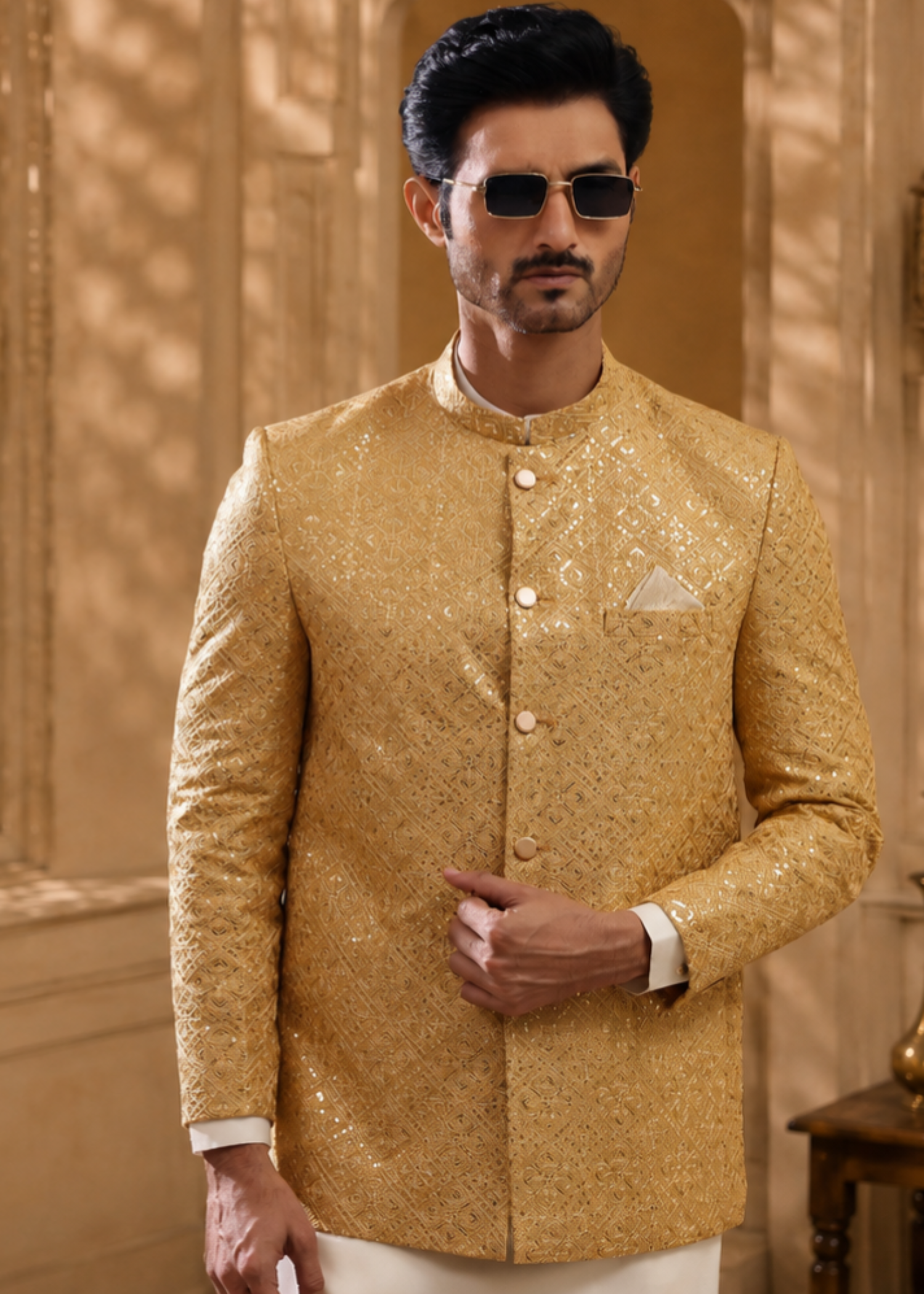 jamawar Prince Coat in Gold