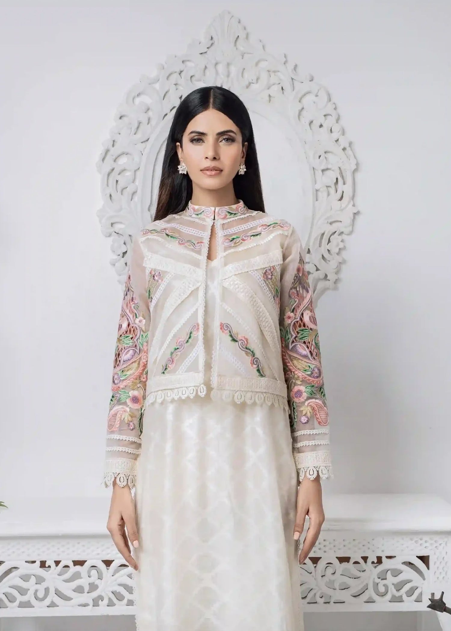 khaddi net Jacket in Ivory