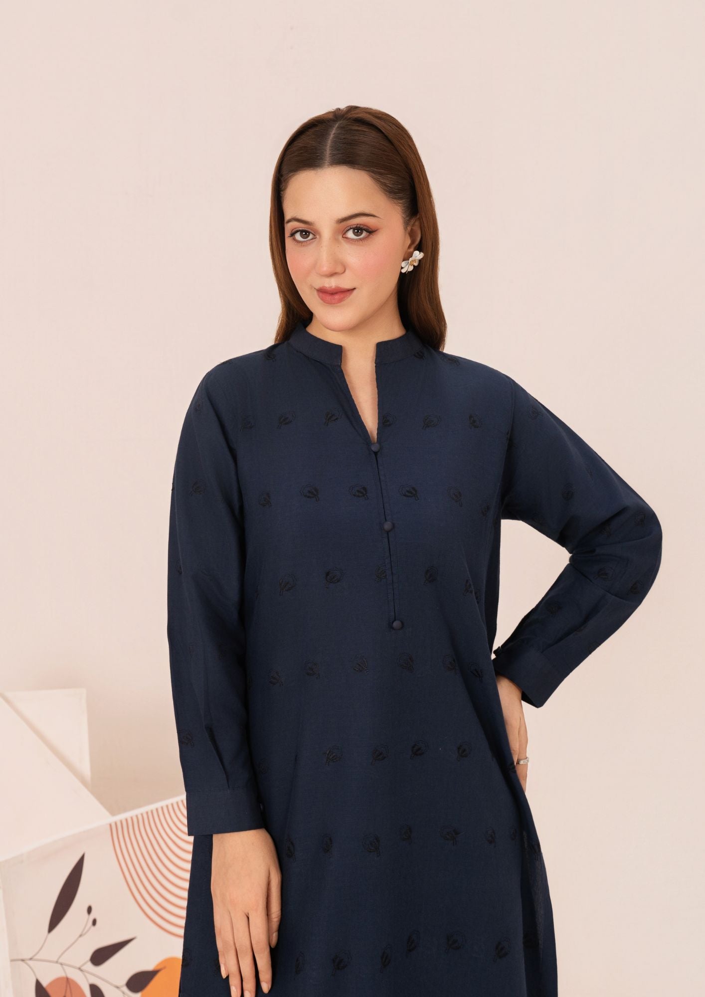 cambric Kurta Set in Navy blue
