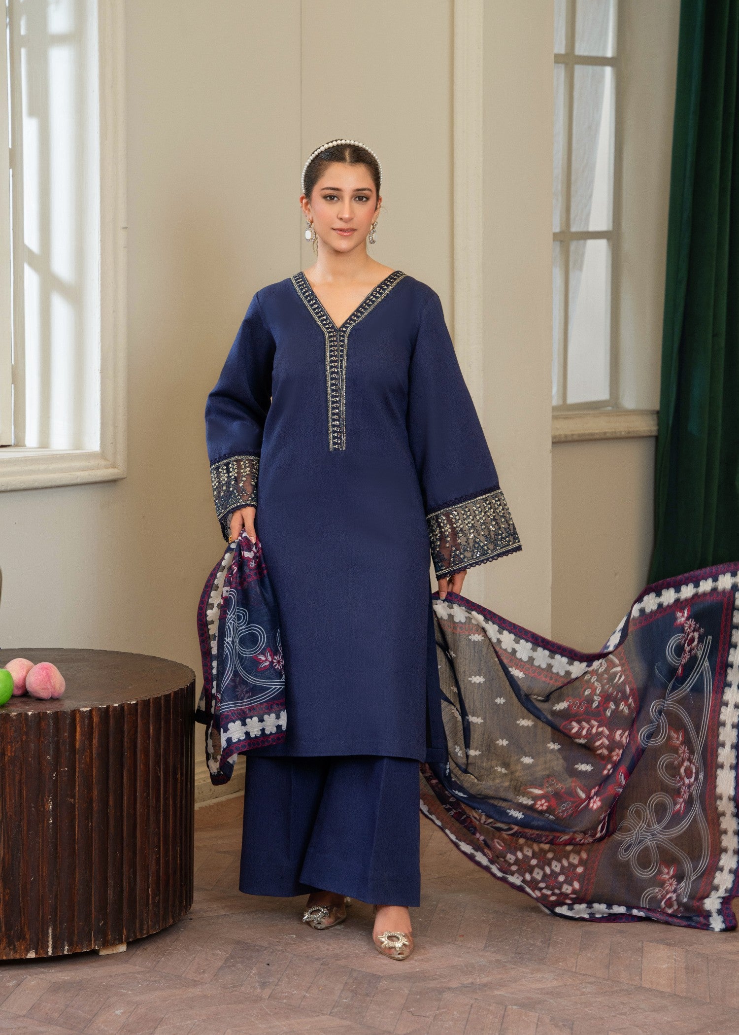lawn karandi Kurta Set in Blue jay