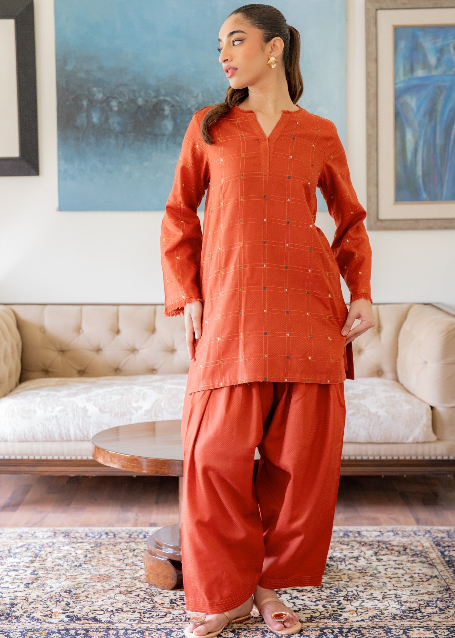 dobby Kurta Set in Pumpkin orange