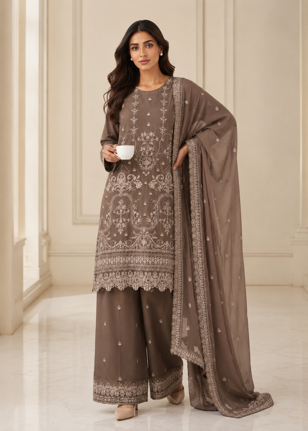 chiffon Kurta Set in Caramel brown