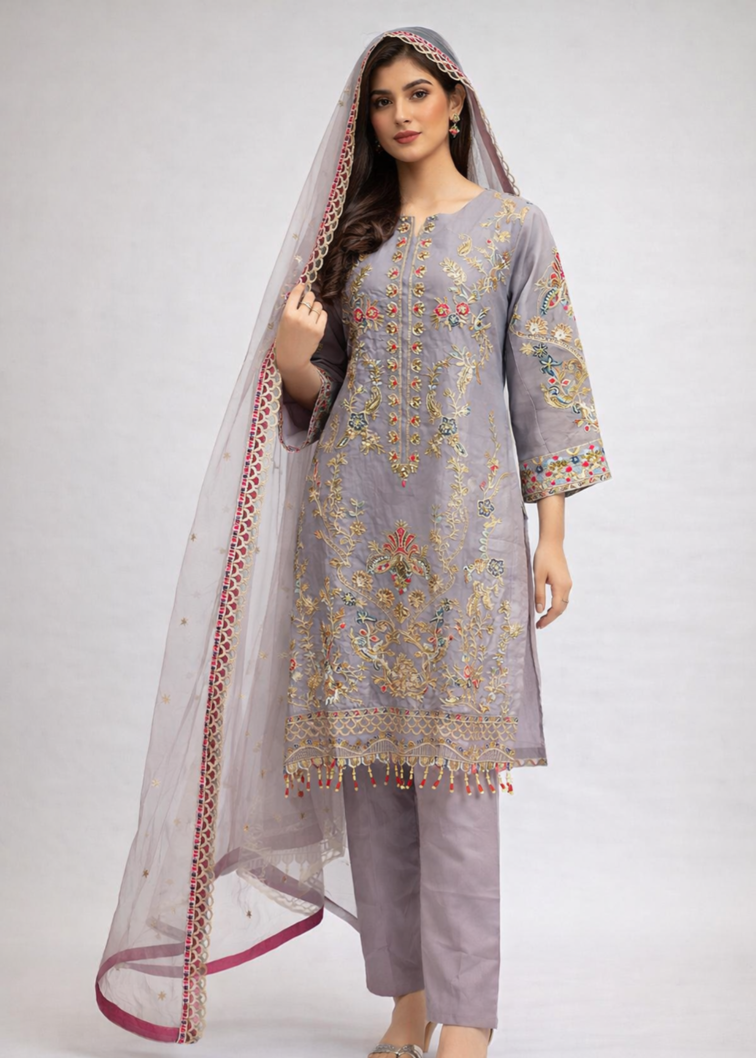 organza Kurta Set in Dark grey