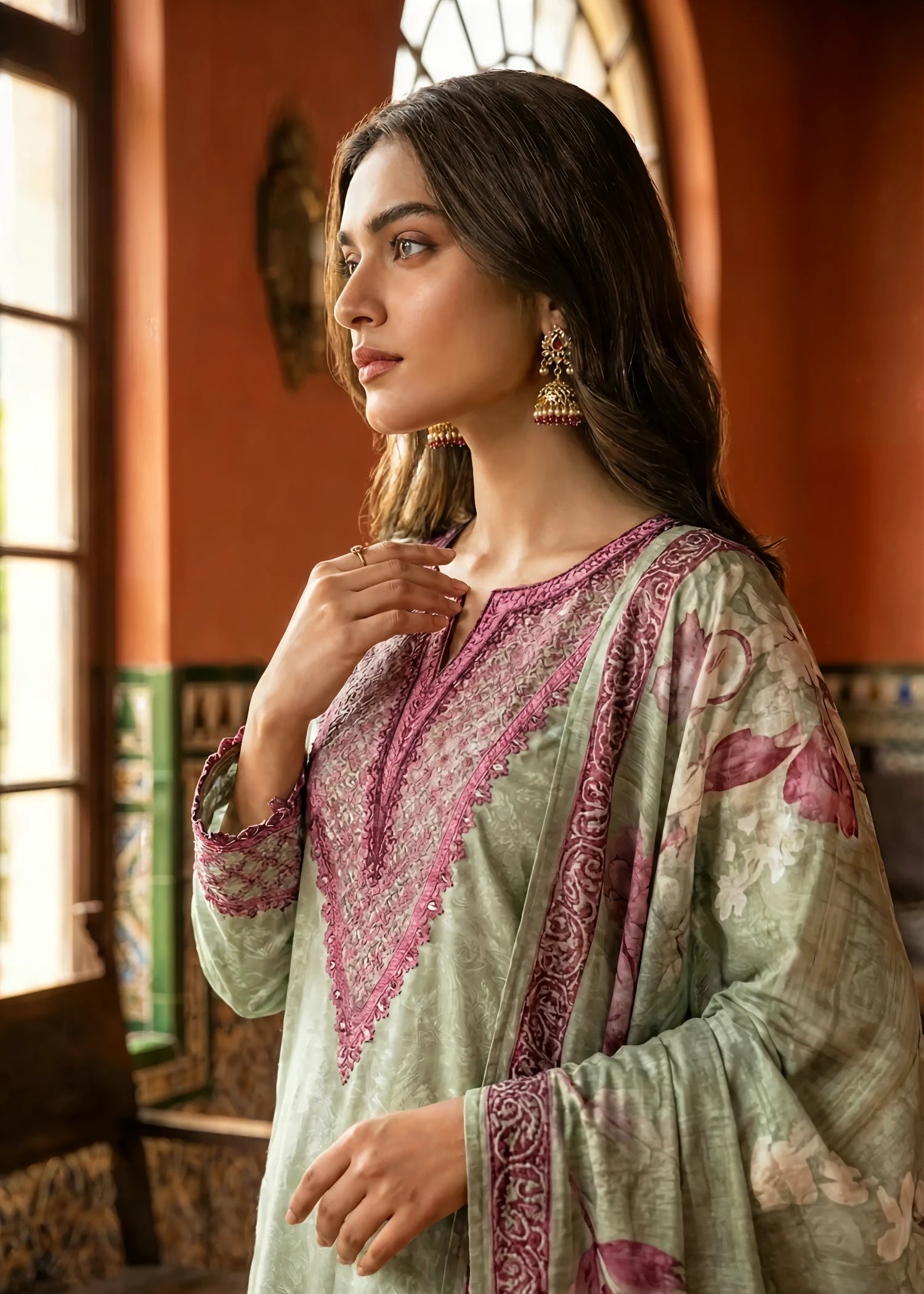 poly lawn Kurta Set in Pistachio green