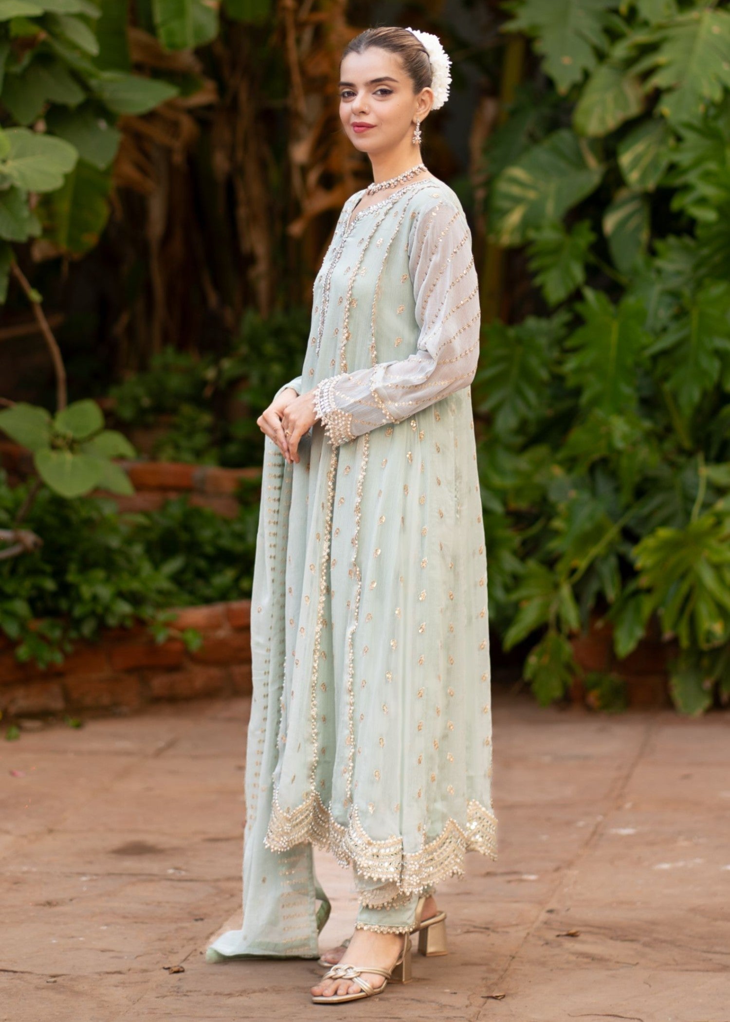 chiffon Pishwas in Powder blue