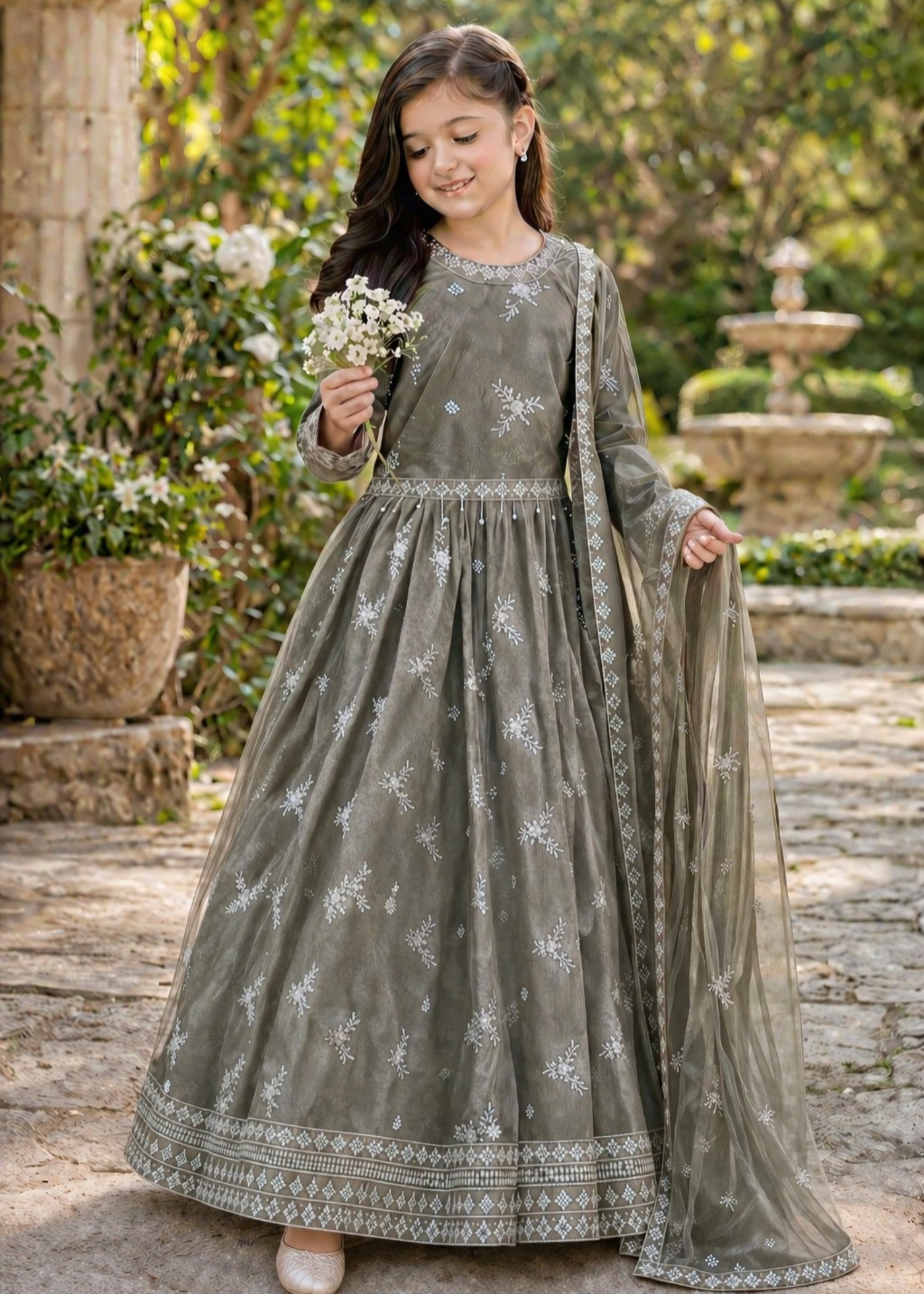 net Lehenga in Grey