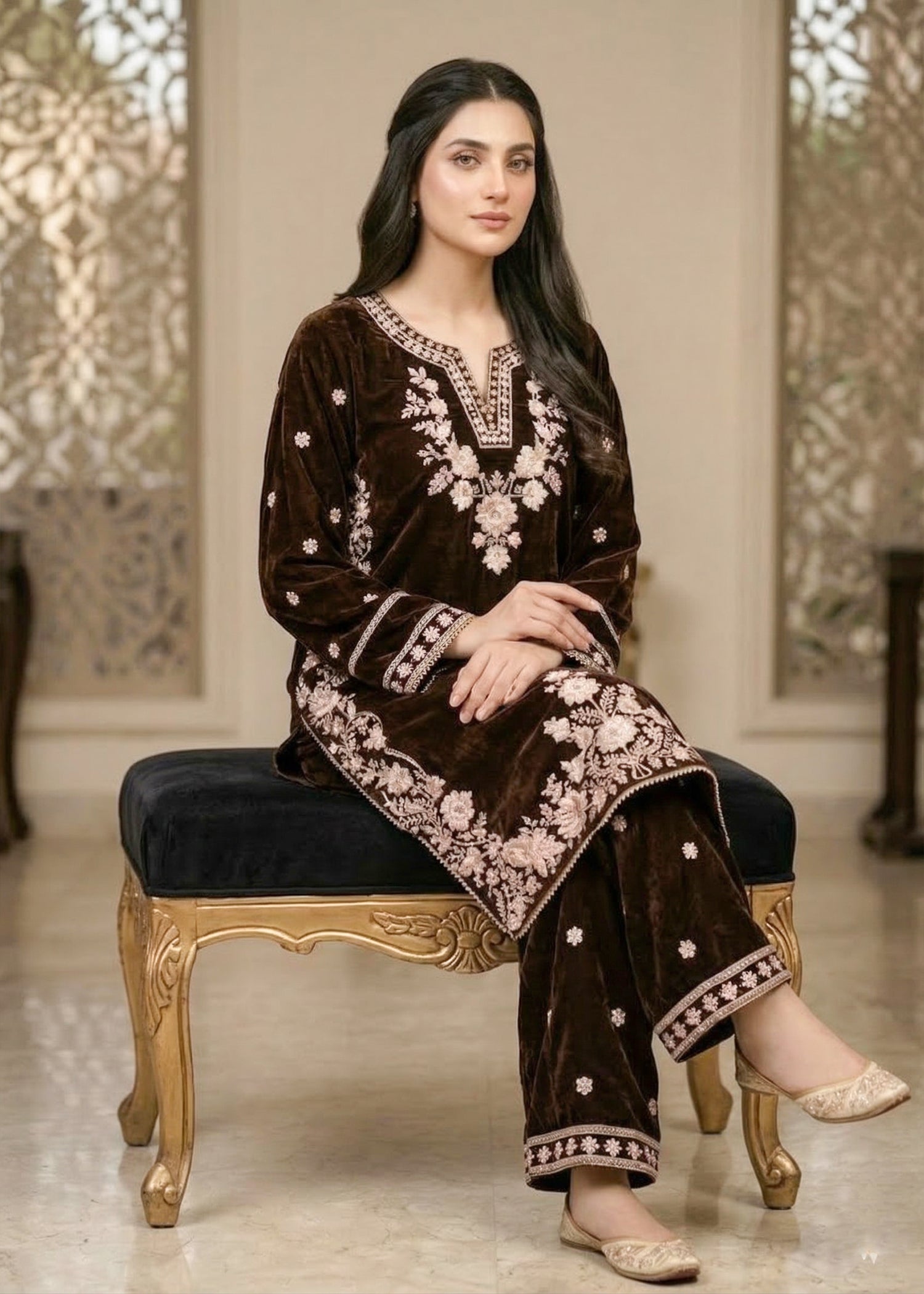 chinese micro velvet 9000 Kurta Set in Walnut brown