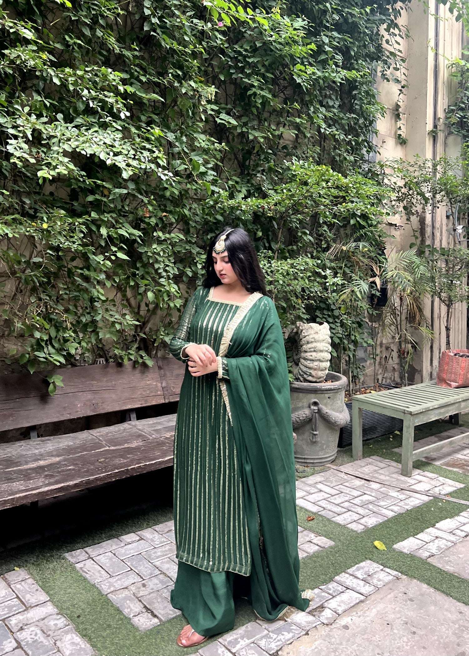 chiffon Kurta Set in Bottle green