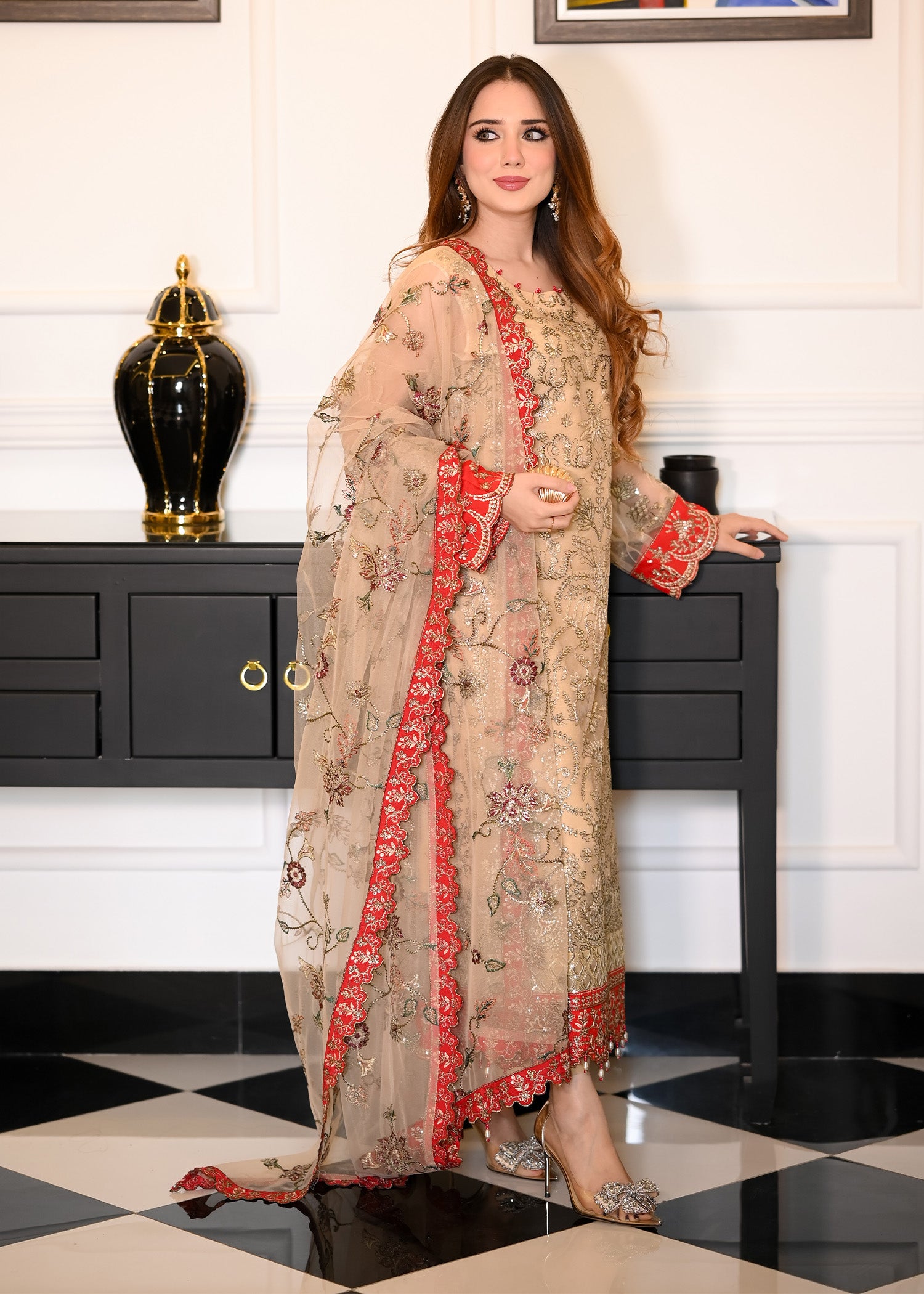 net Kurta Set in Beige