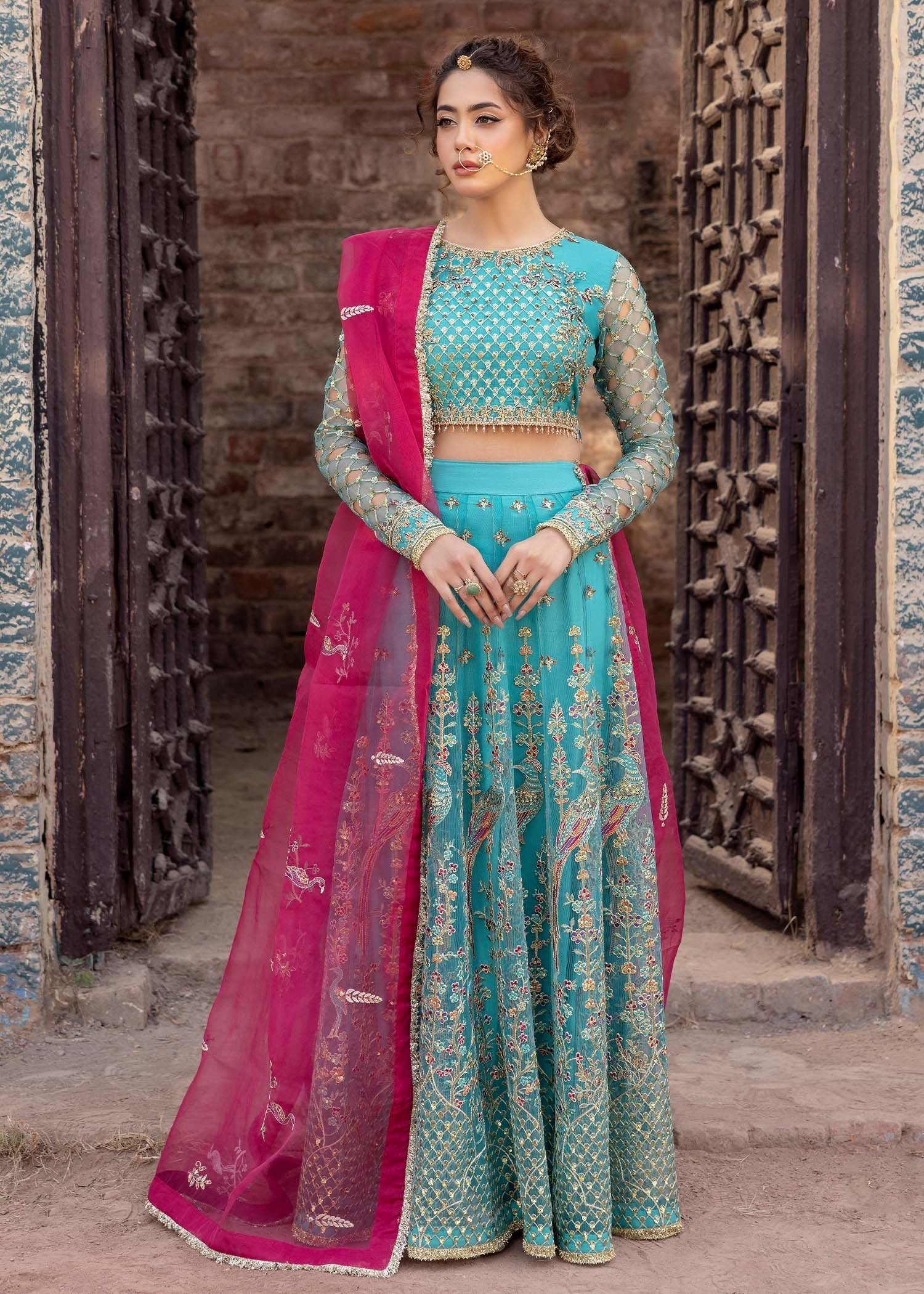 net Lehenga in Turquoise