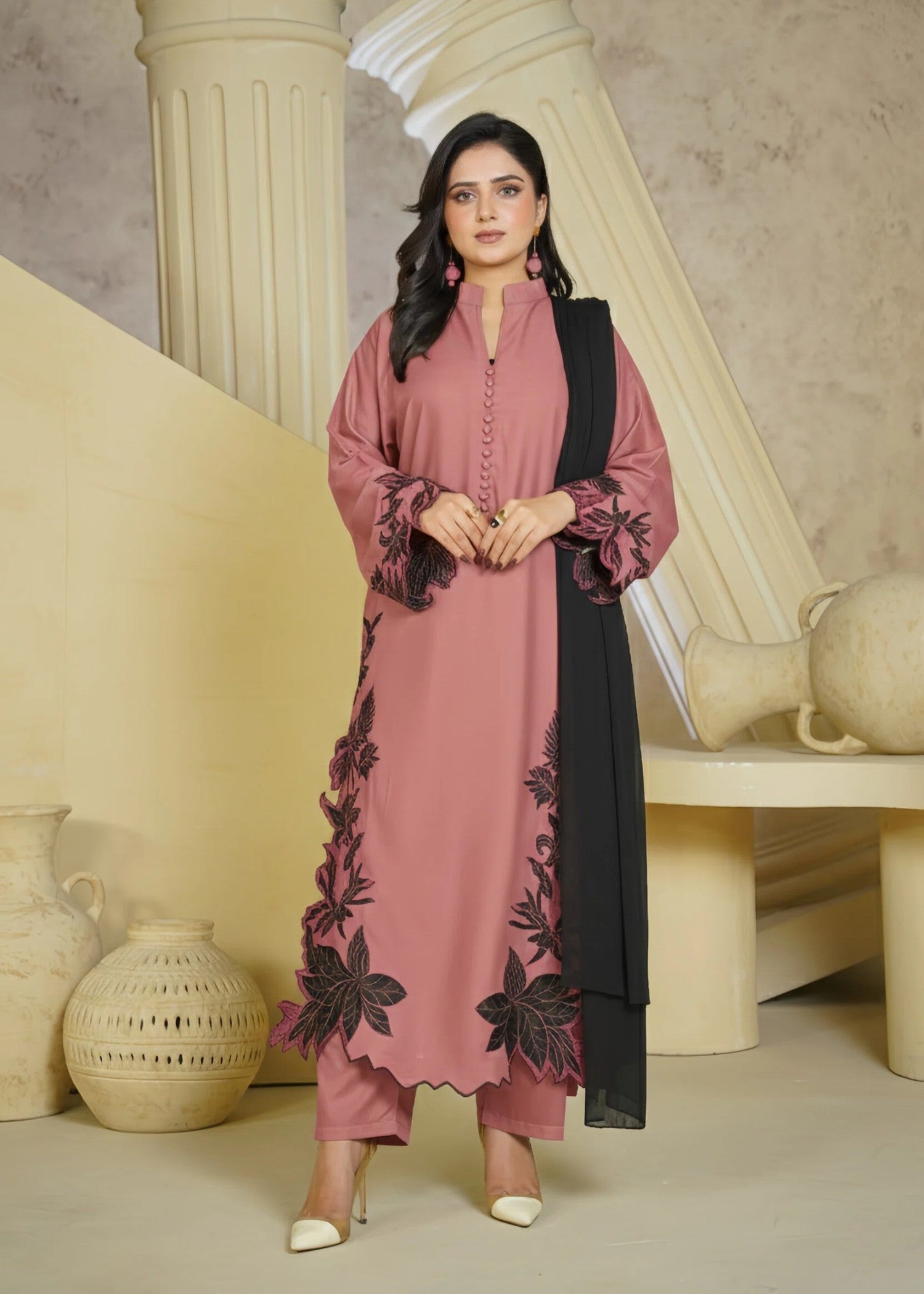 linen chambray Kurta Set in Tea rose pink