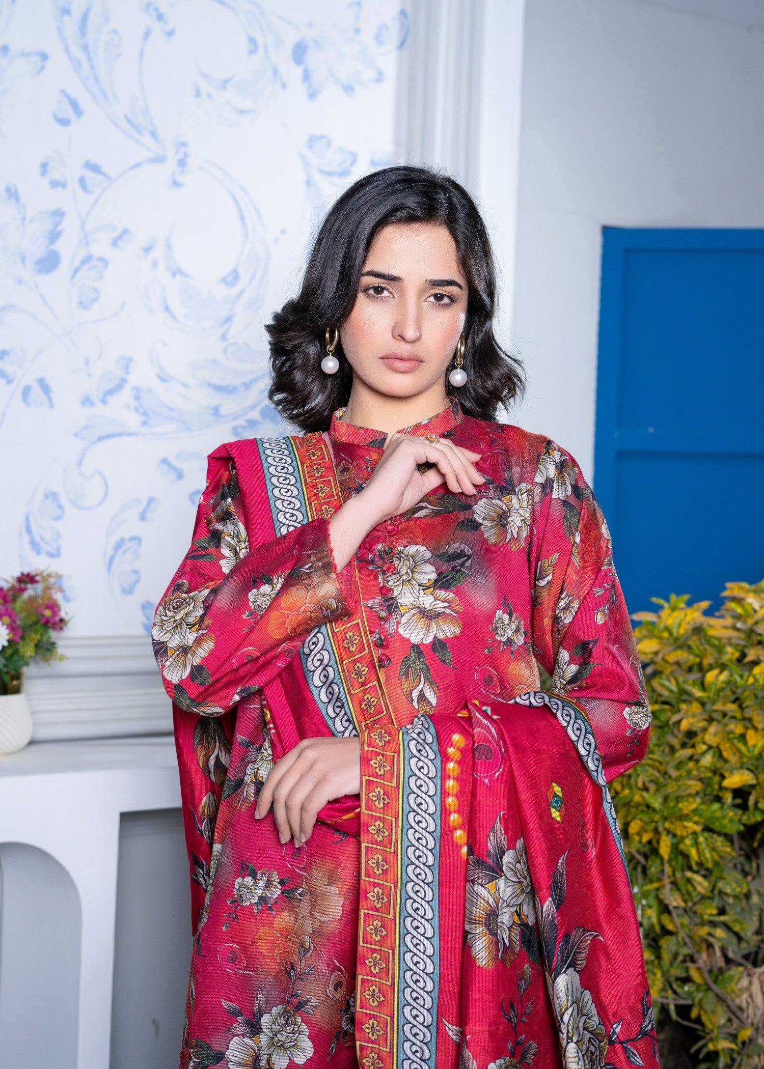 khaddi net Kurta Set in Ruby red