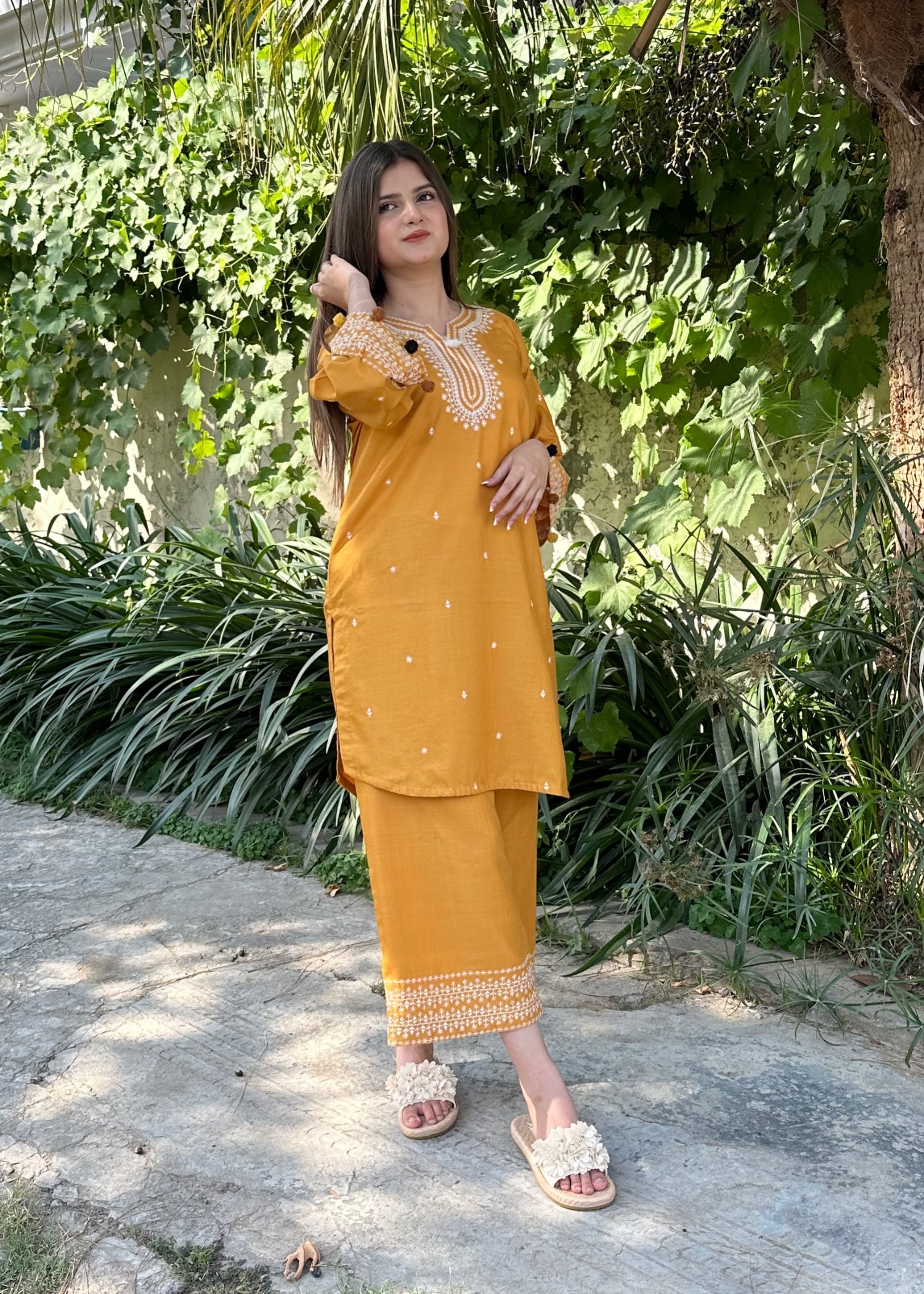 arabic lawn Kurta Set in Mustard