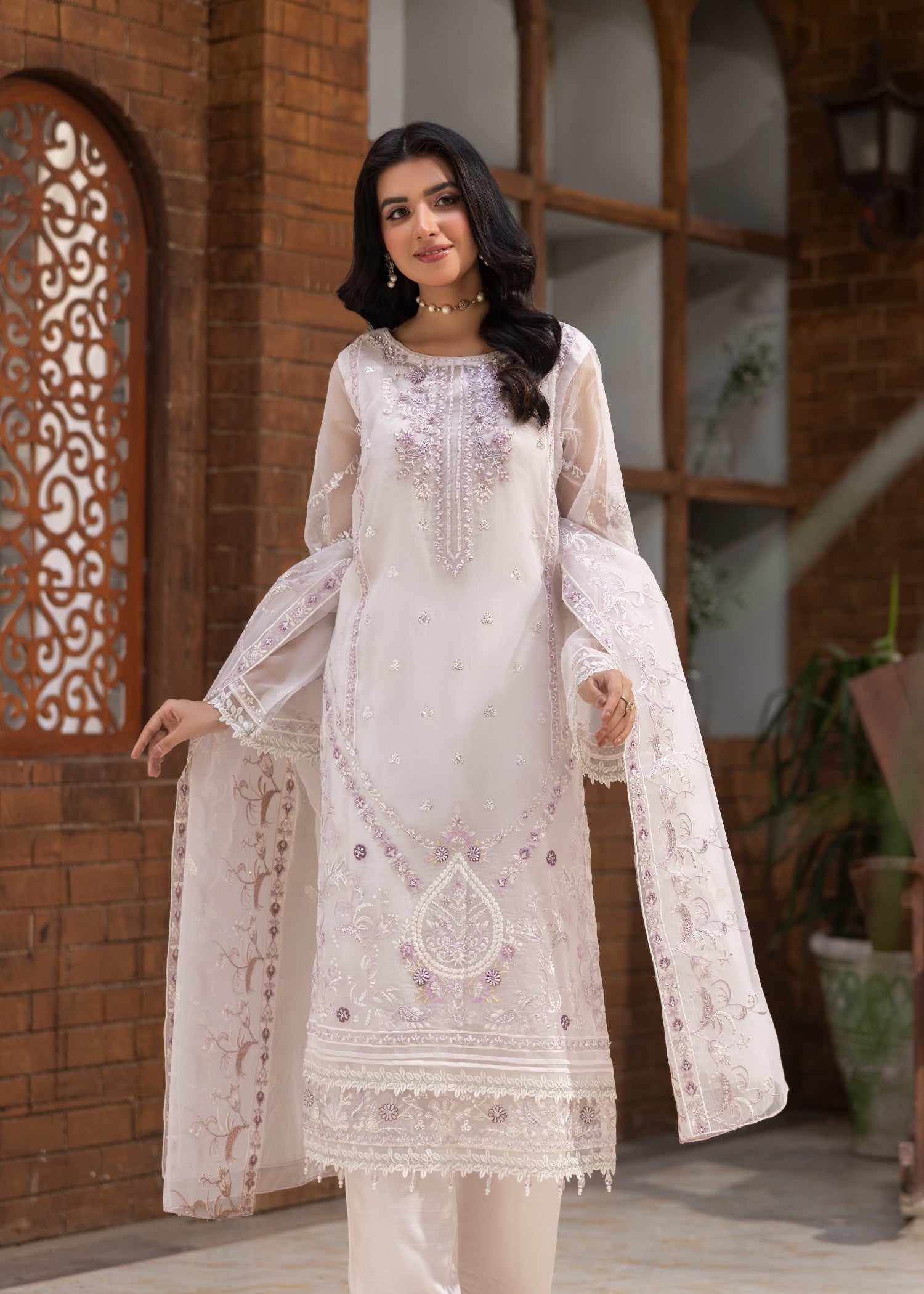organza Kurta Set in White, purple ash