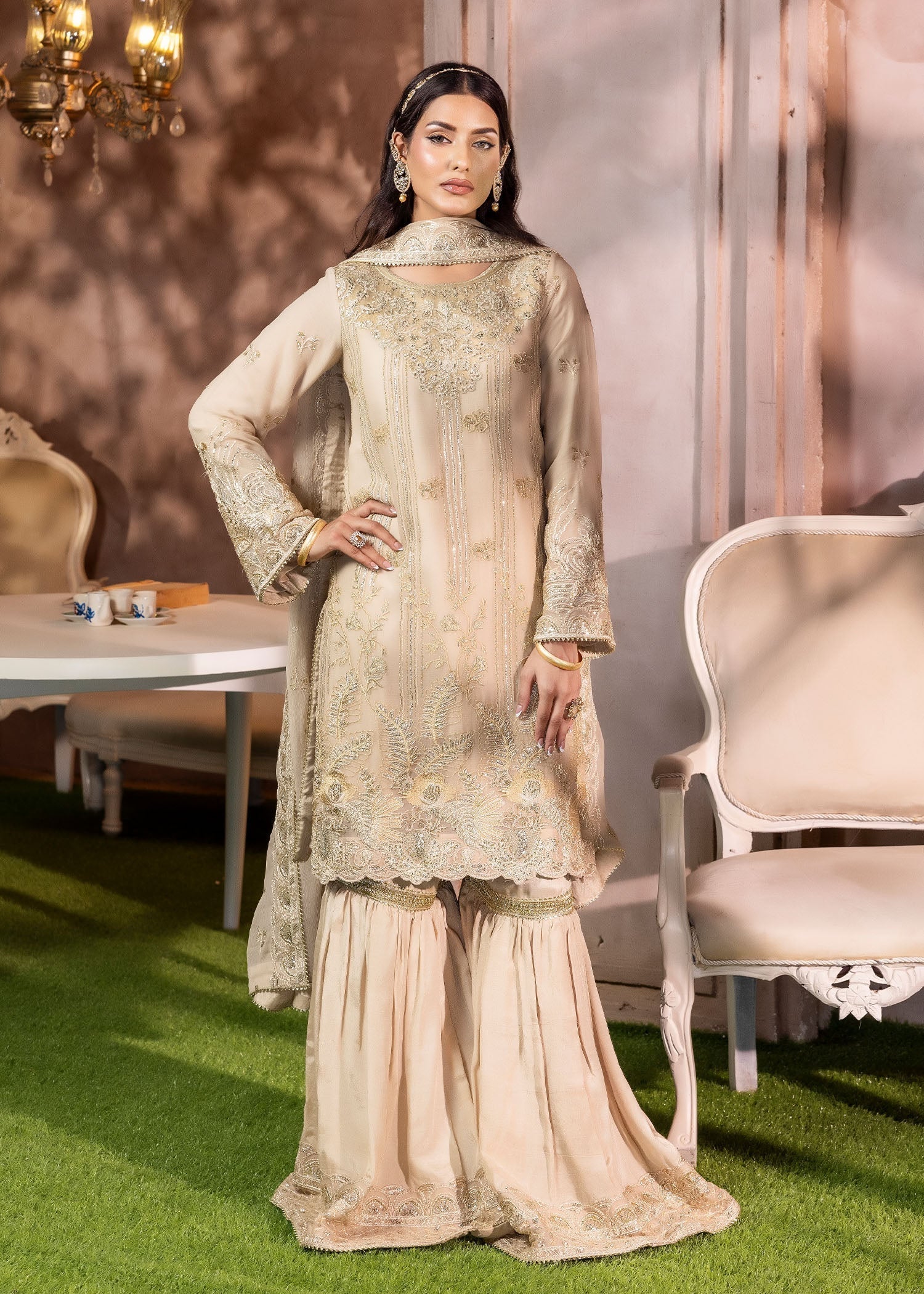 chiffon Gharara in Beige