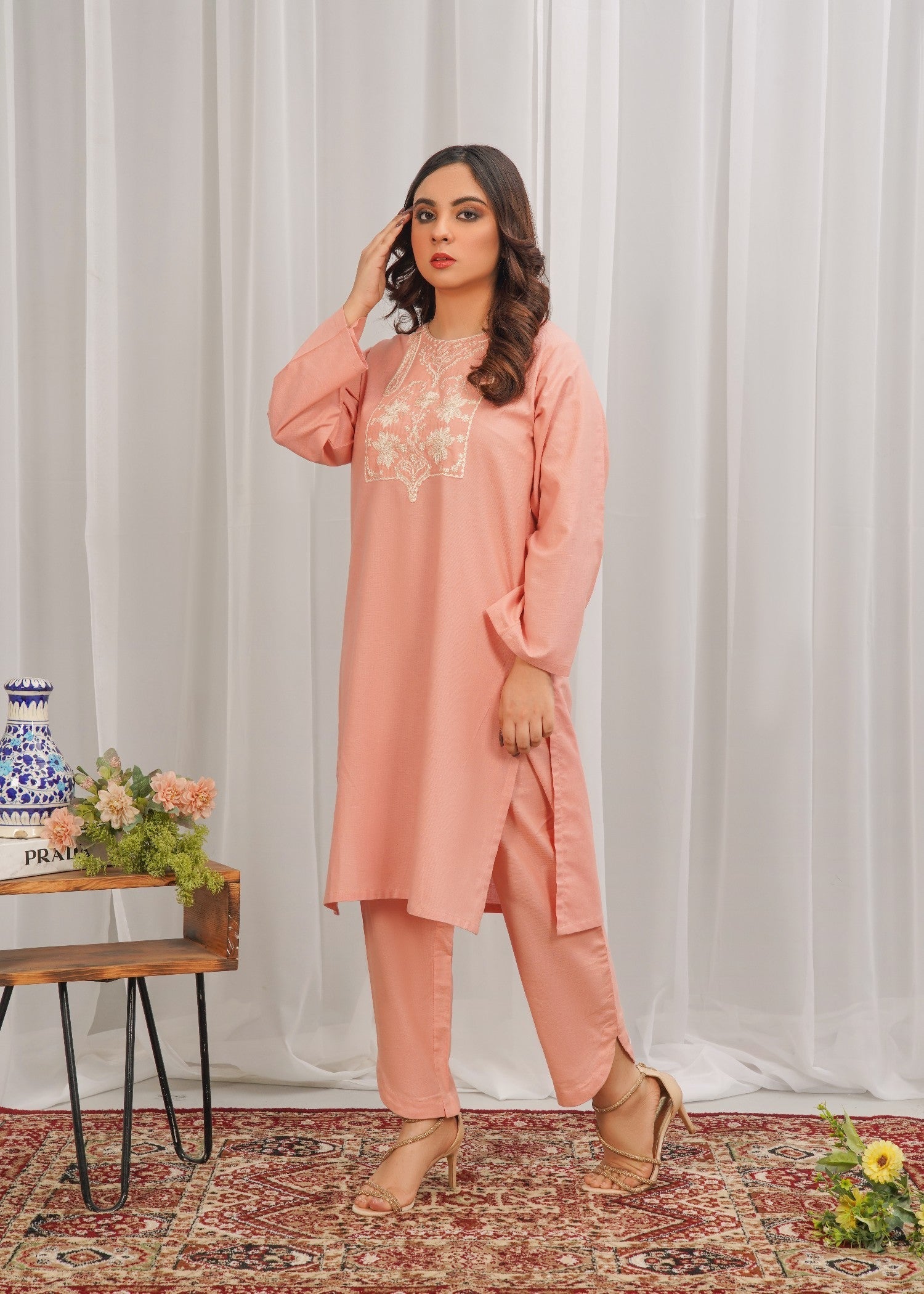 cambric Kurta Set in Pink