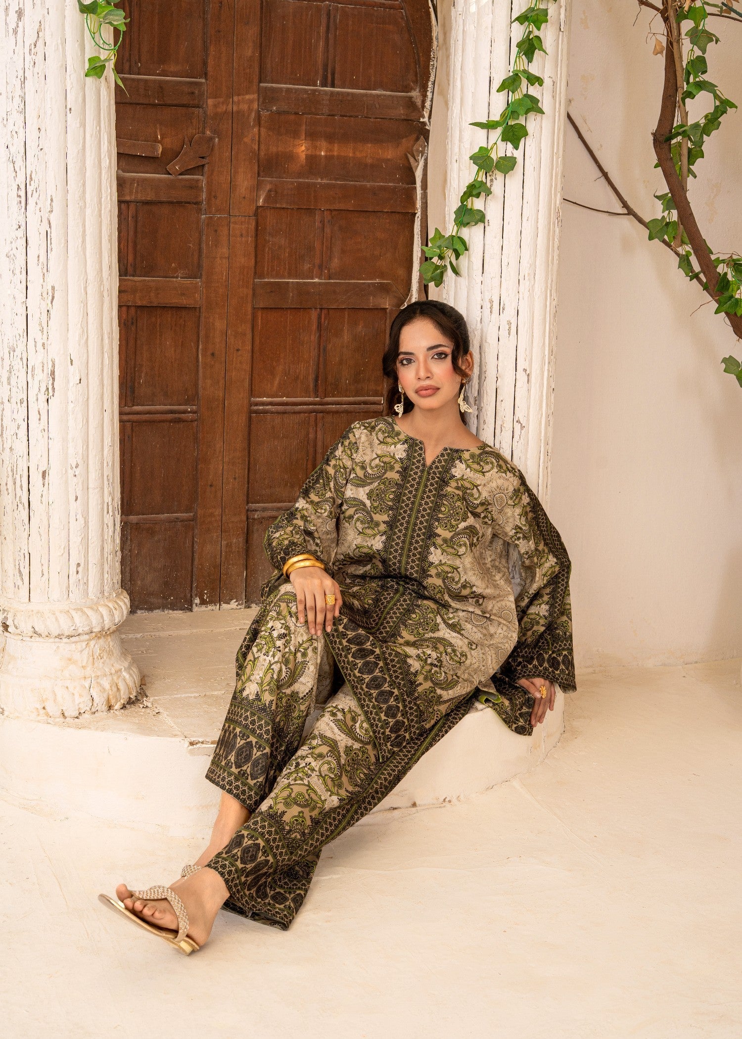 swiss lawn Co Ord Sets in Beige, multi