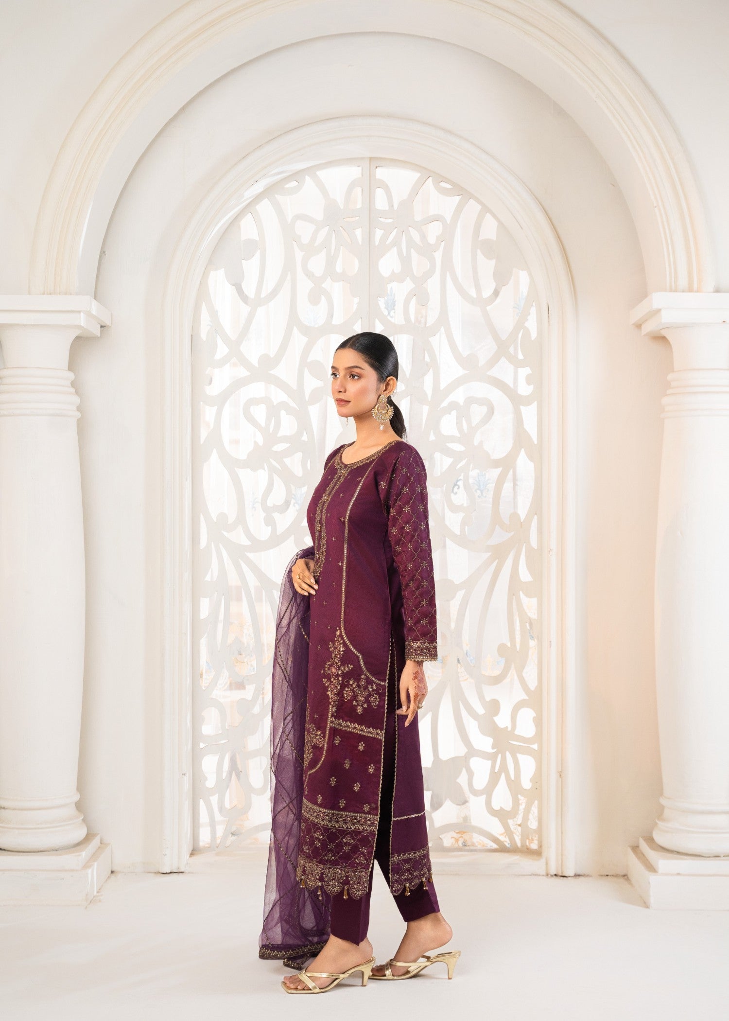 silk cotton net Kurta Set in Plum