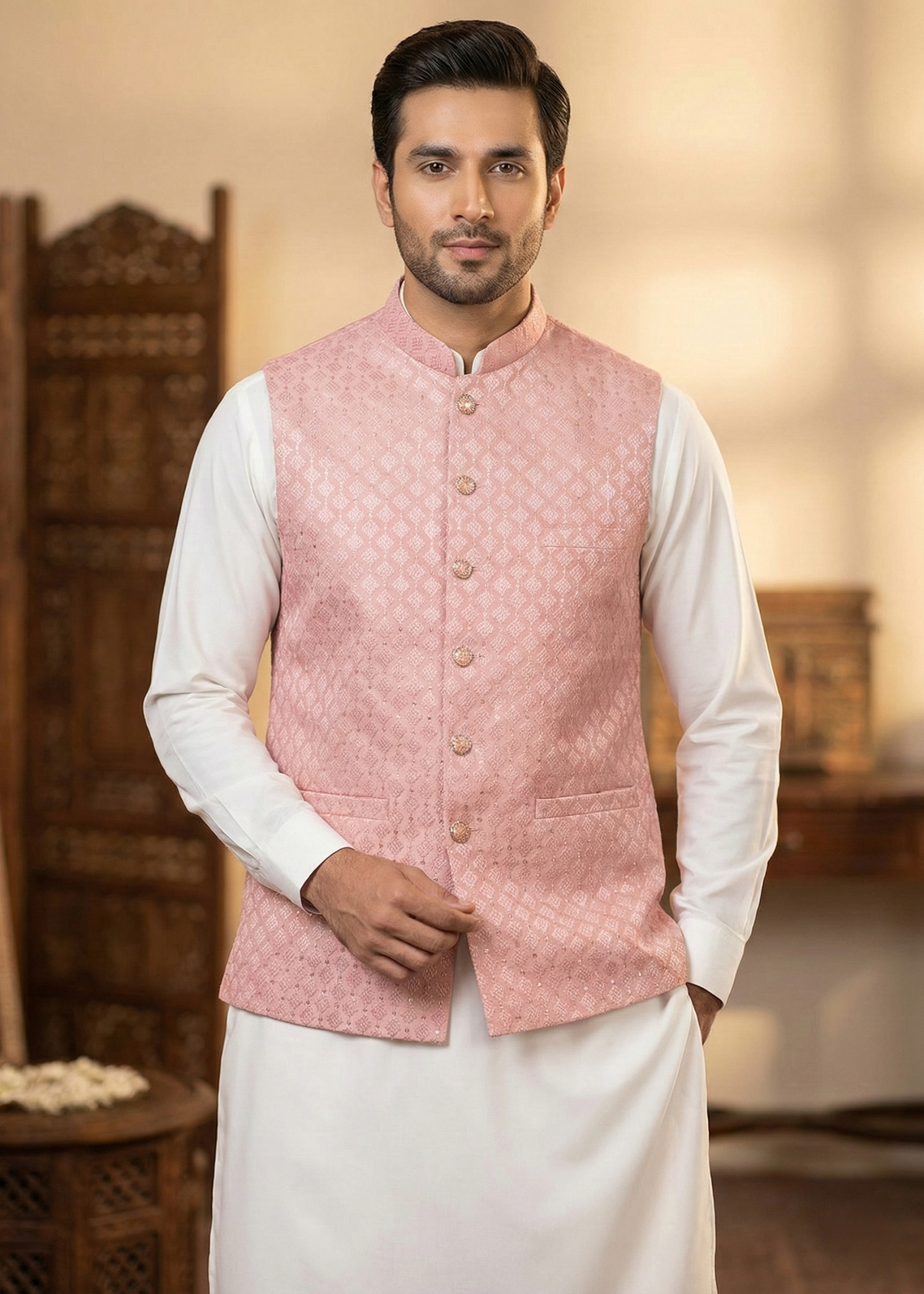 raw silk Waistcoat in Pink