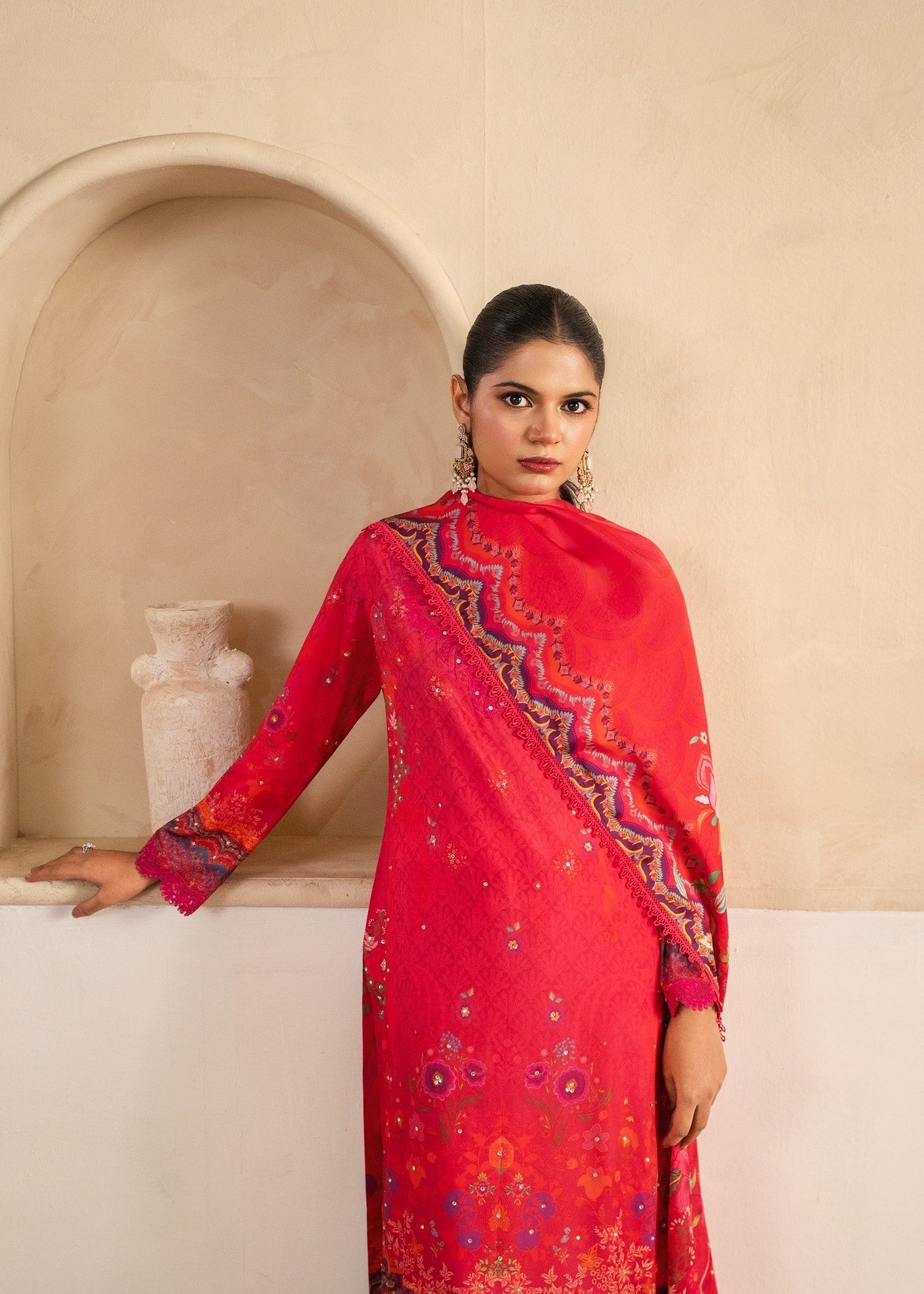 silk crepe Kurta Set in Hot pink