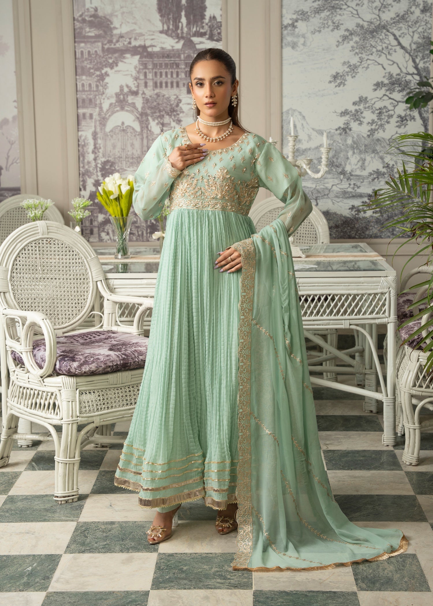 chiffon Pishwas in Mint green