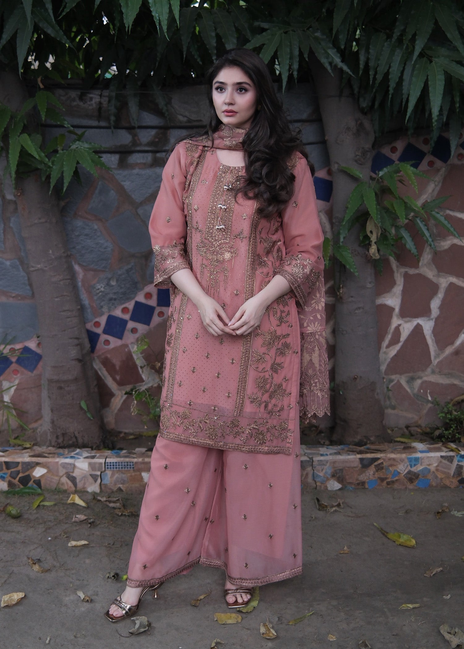 chiffon Kurta Set in Peach pink