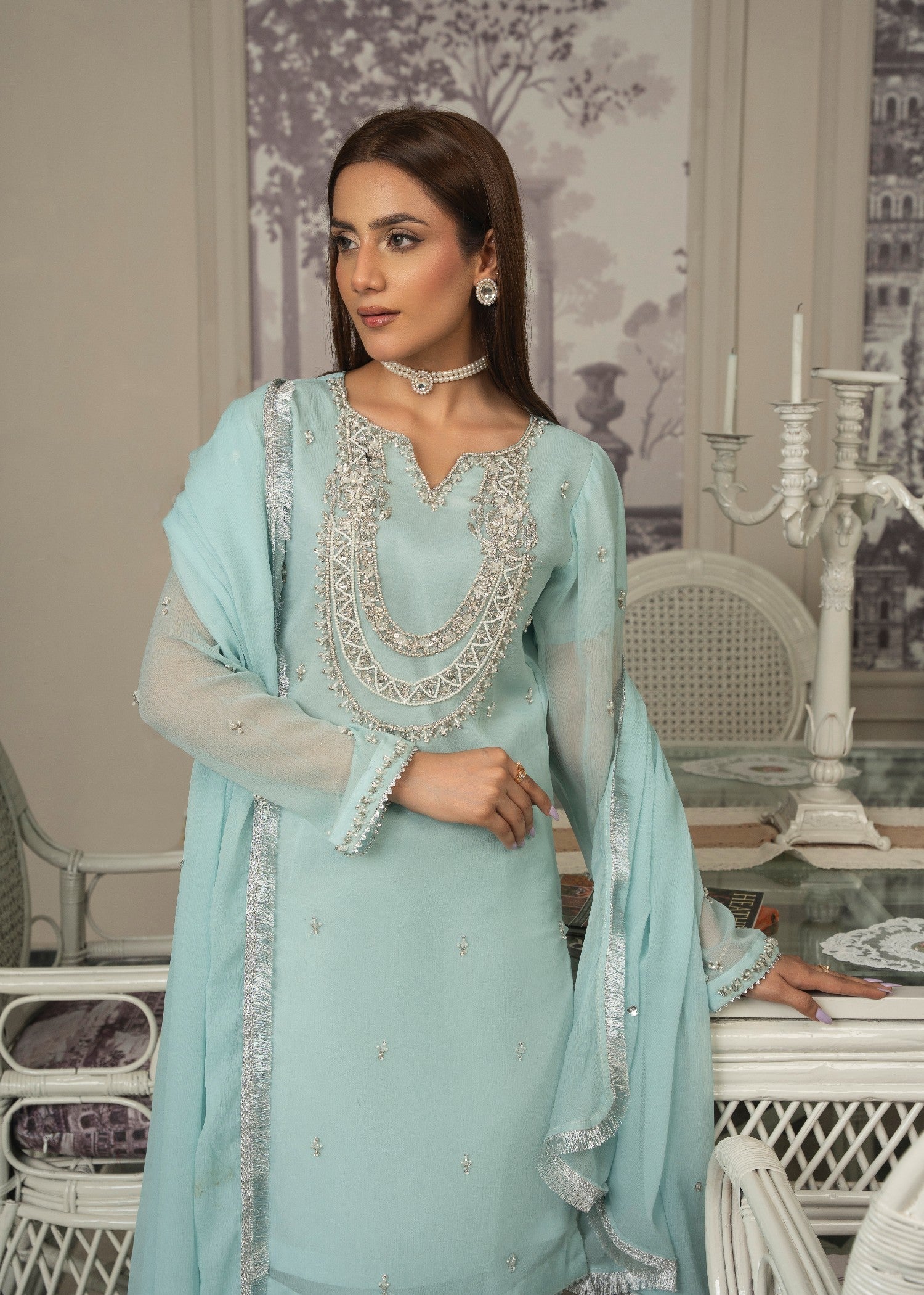 crinkle chiffon Sharara in Ice blue