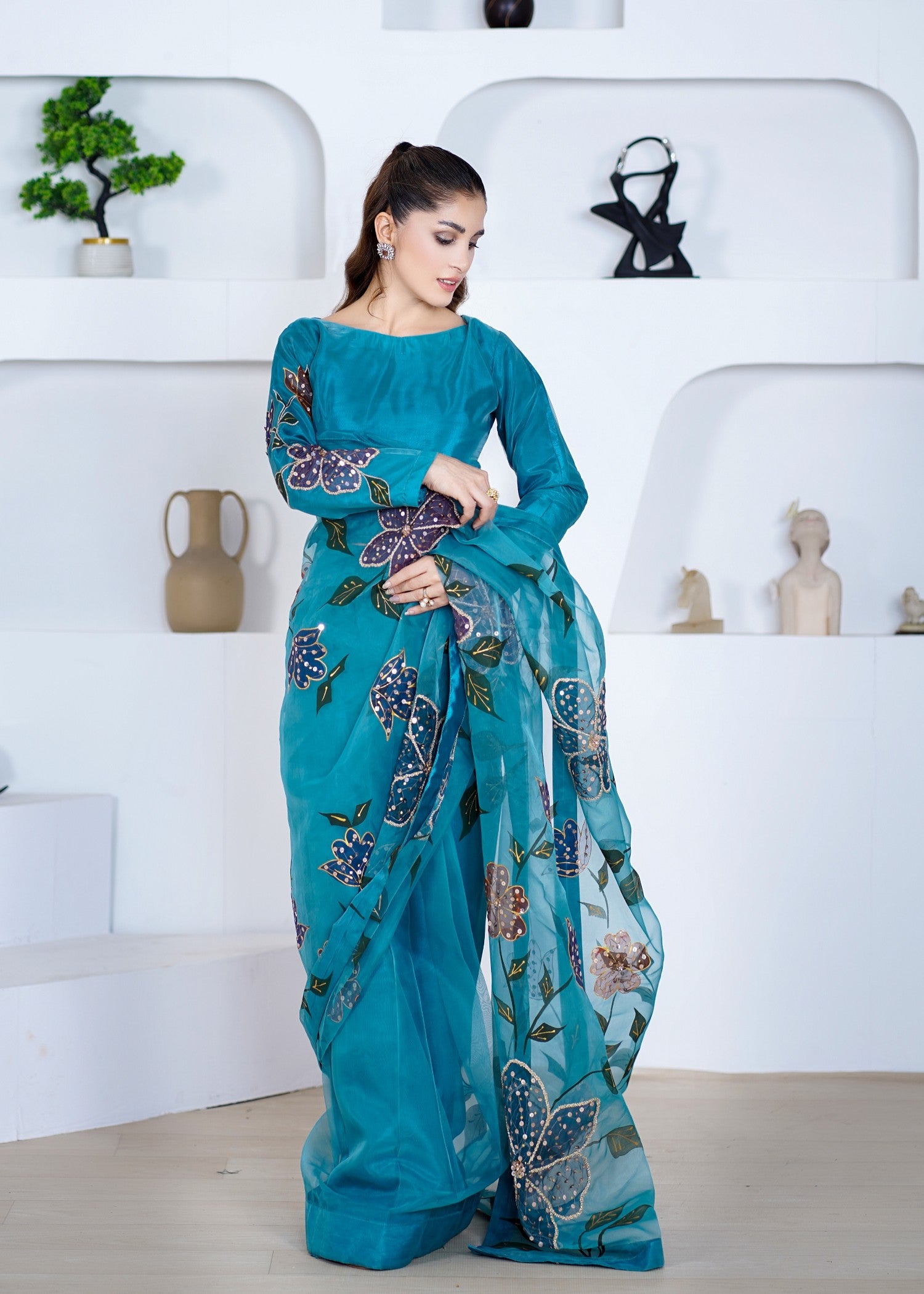 poly organza Saree in Teal