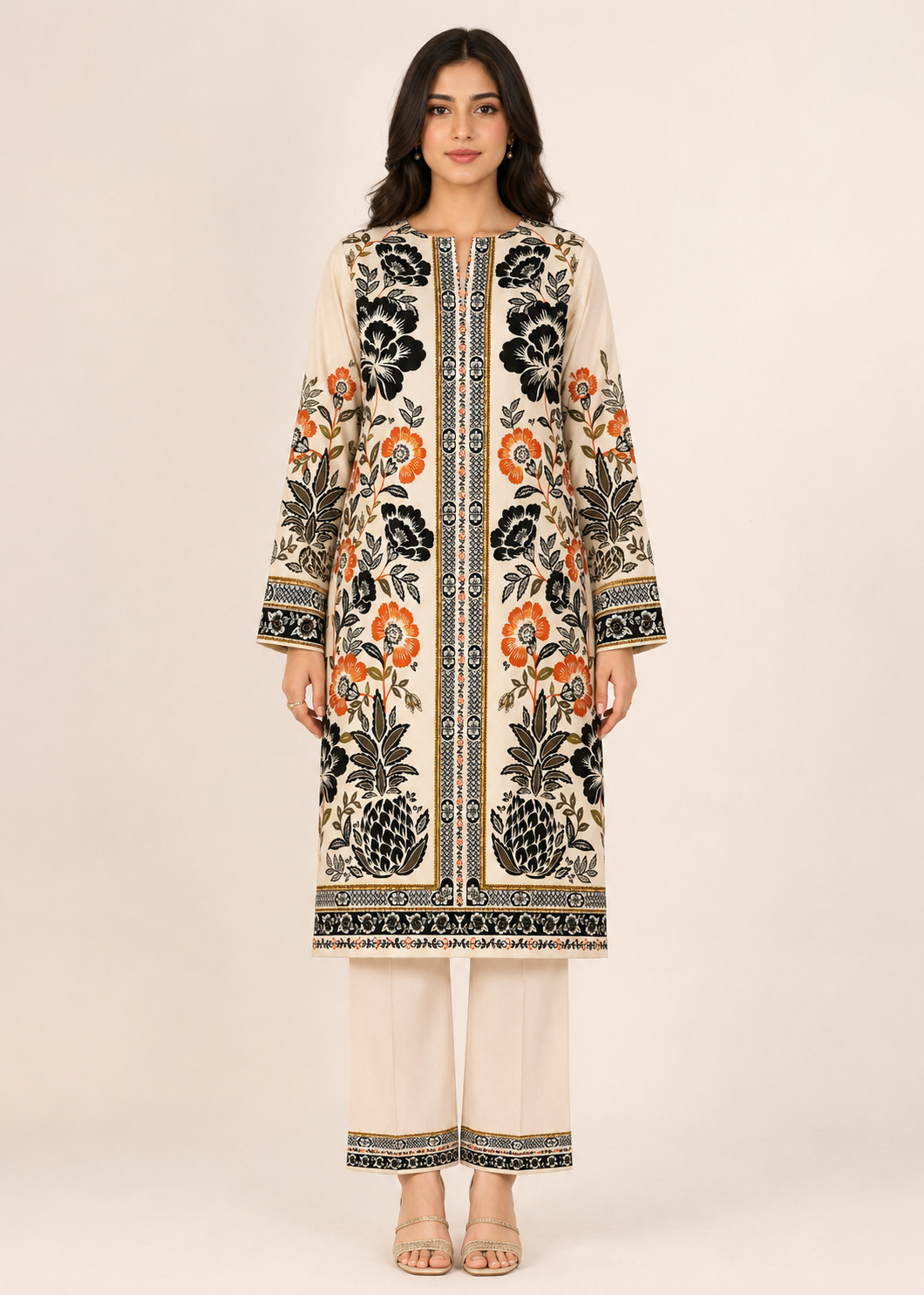 lawn Kurta Set in Black, off-white