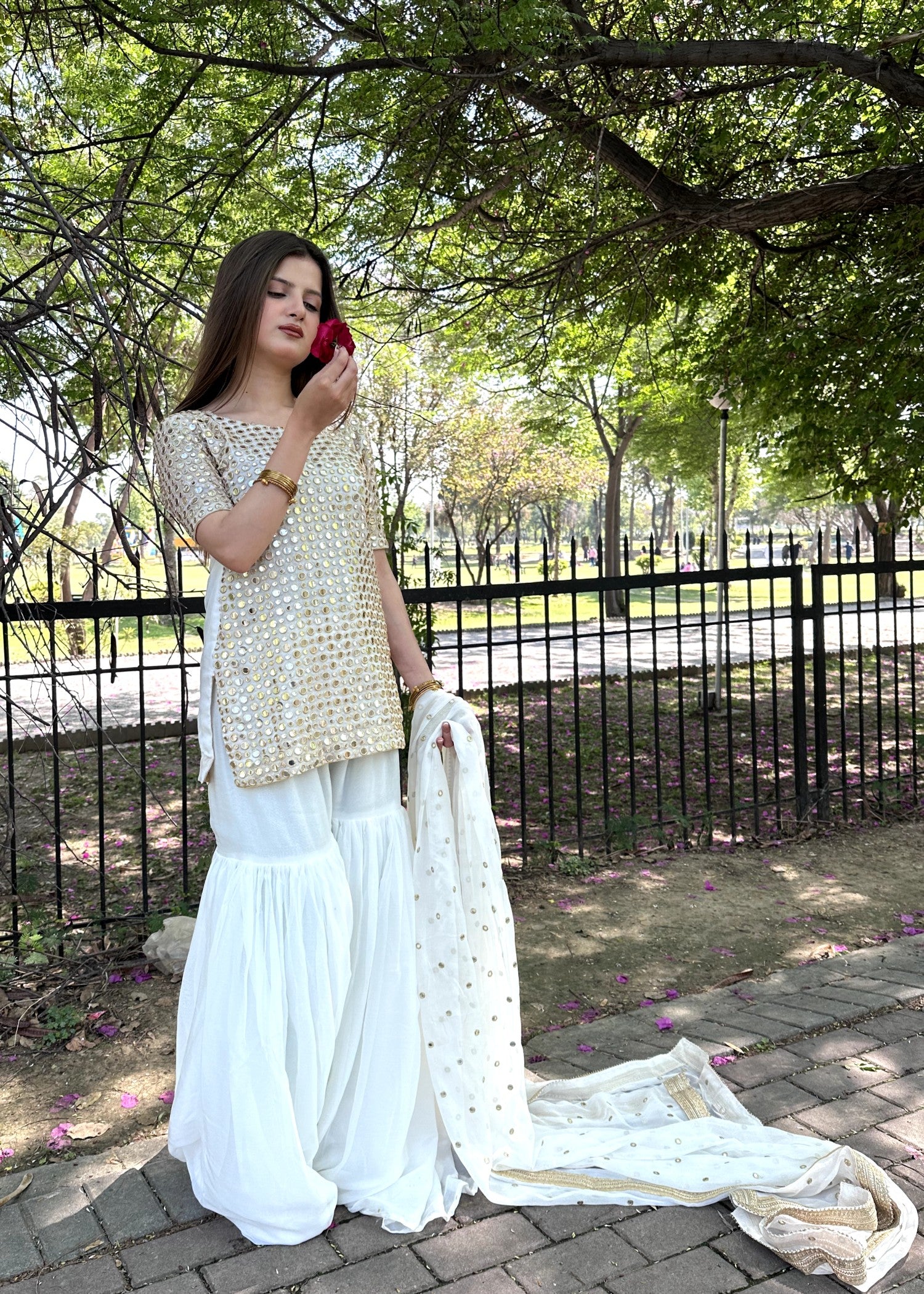bemberg crinkle chiffon Gharara in White