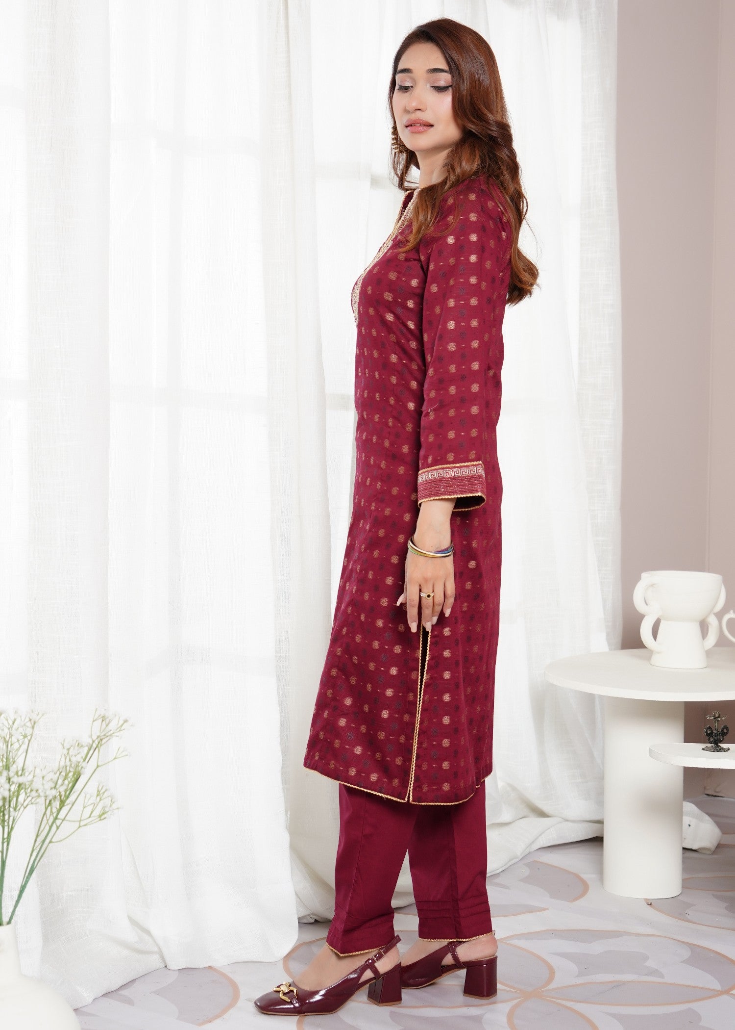 jacquard Kurta Set in Maroon