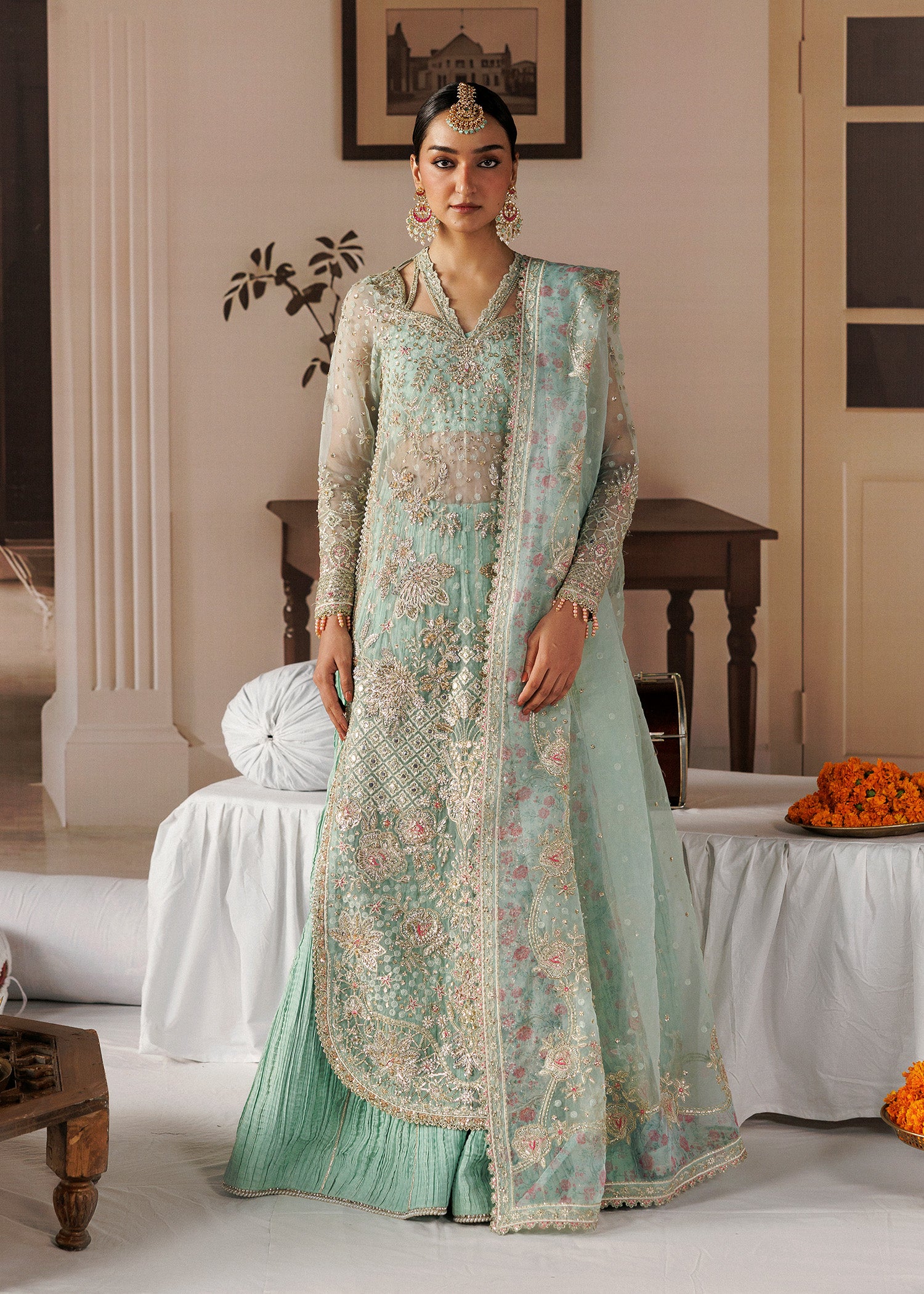 organza Unstitched in Moss green