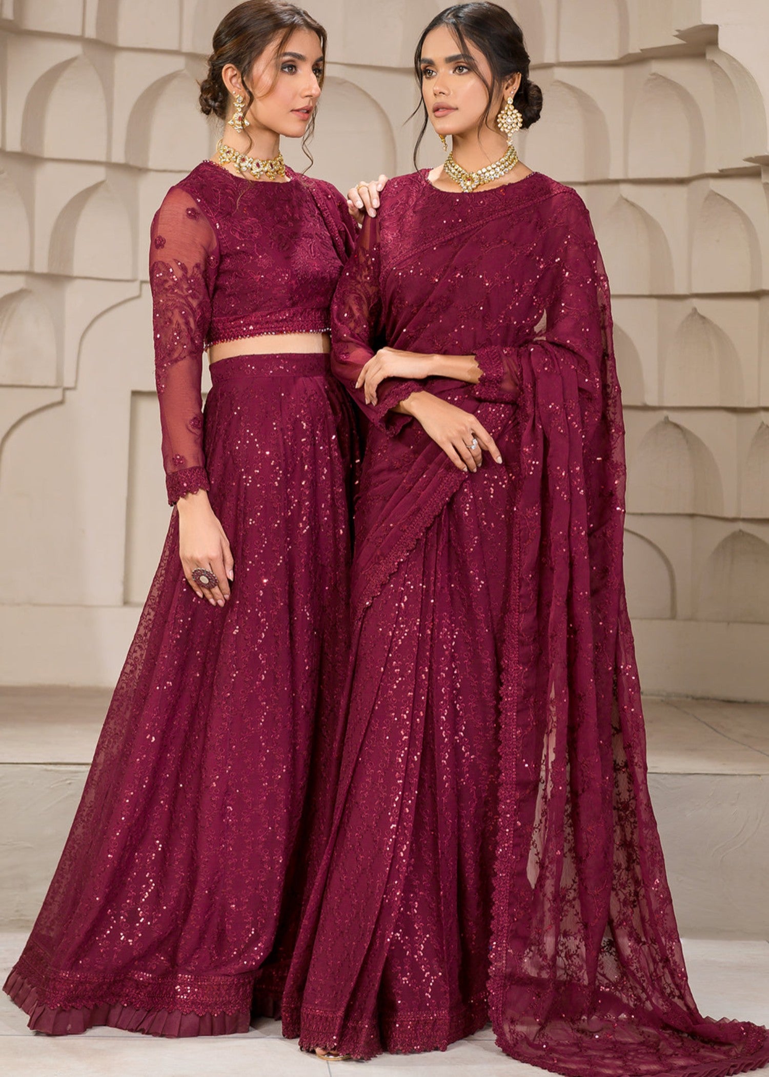 chiffon Lehenga in Cherry red