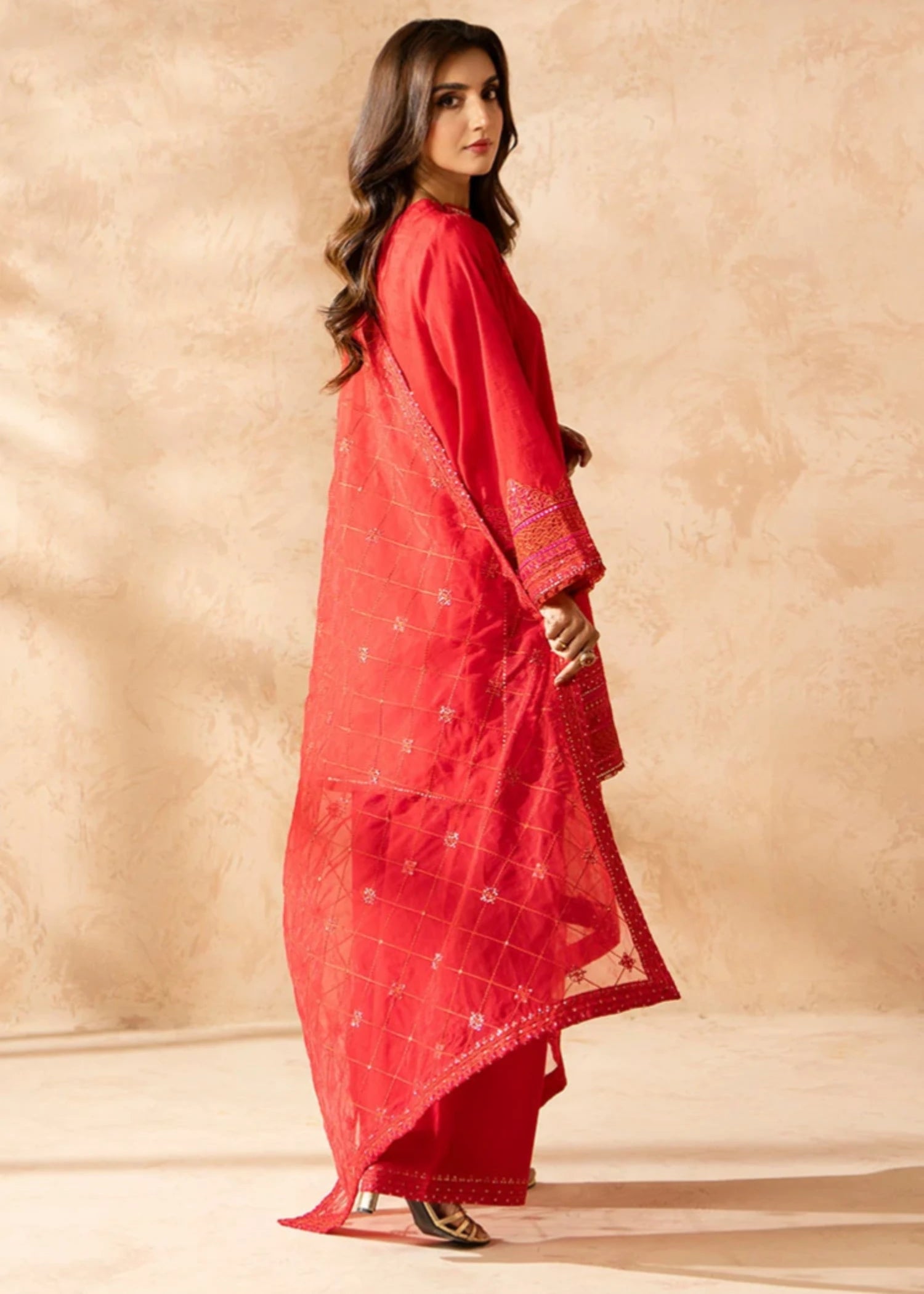 blended linen Kurta Set in Red
