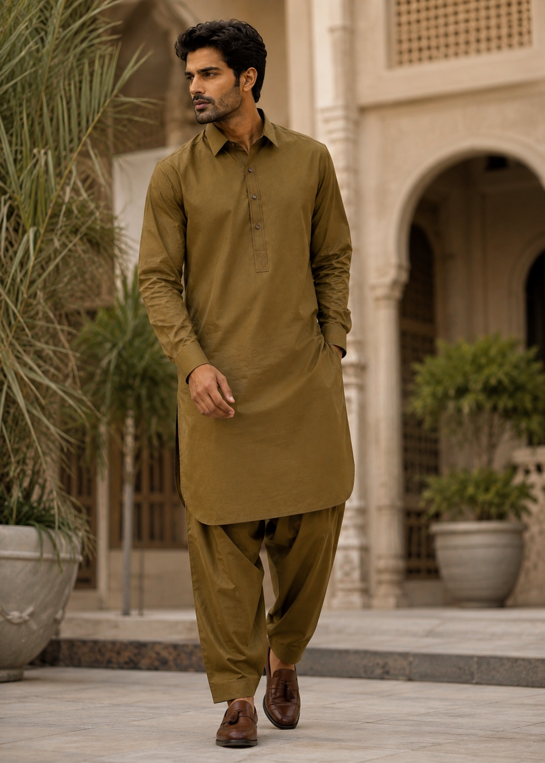 cotton Shalwar Kameez in Golden brown