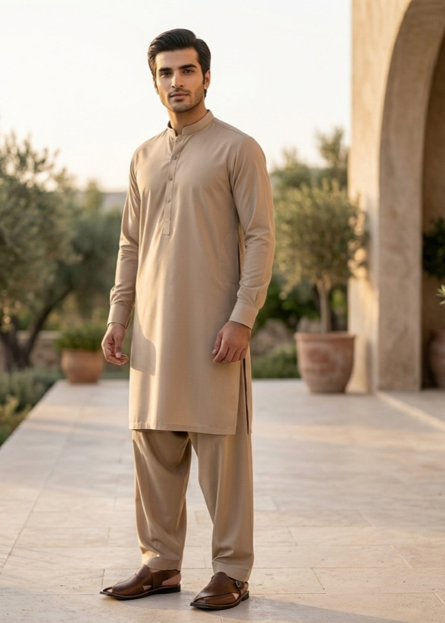 wash & wear Shalwar Kameez in Beige by Waqar Mustafa