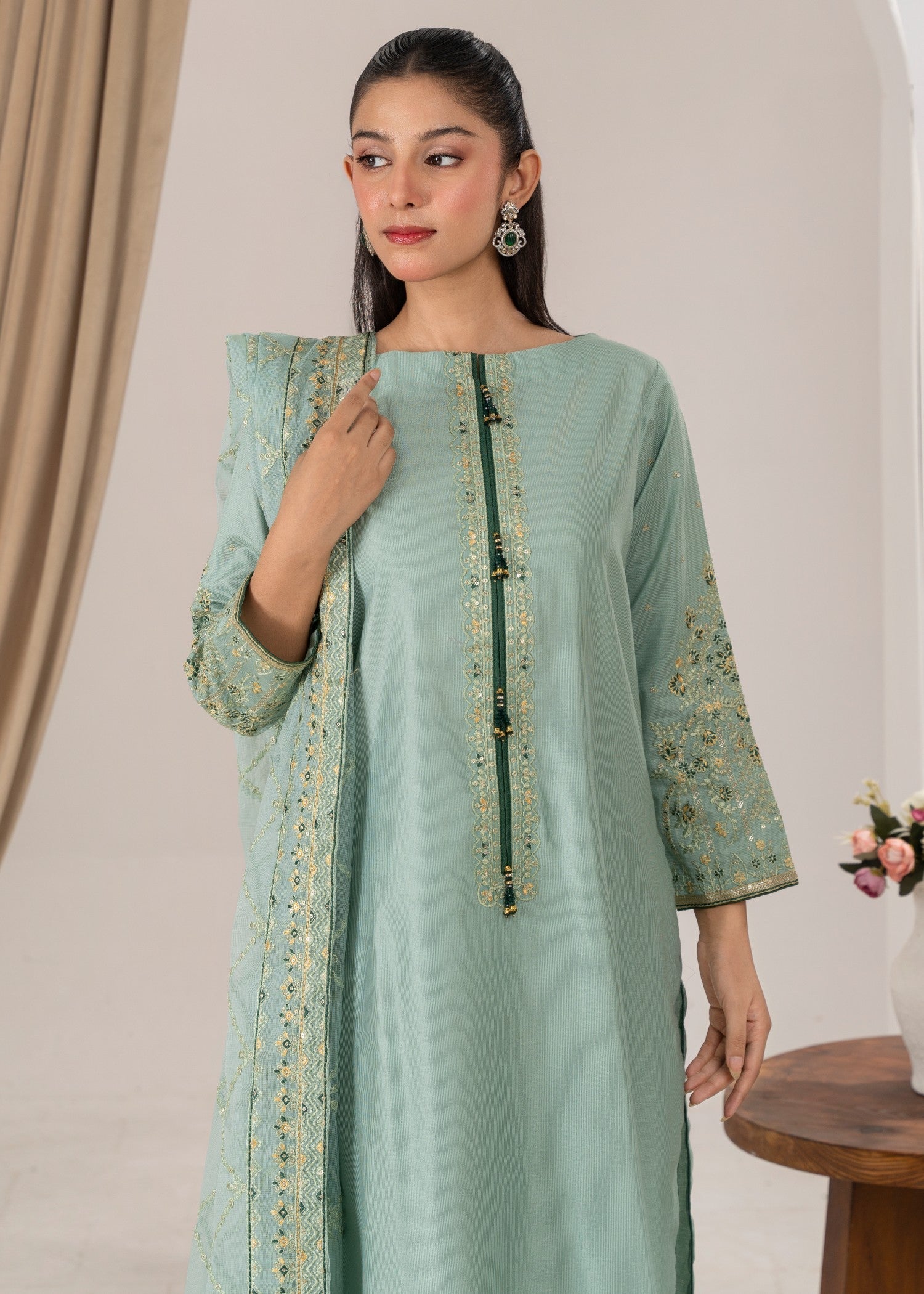 chambray Kurta Set in Moss green