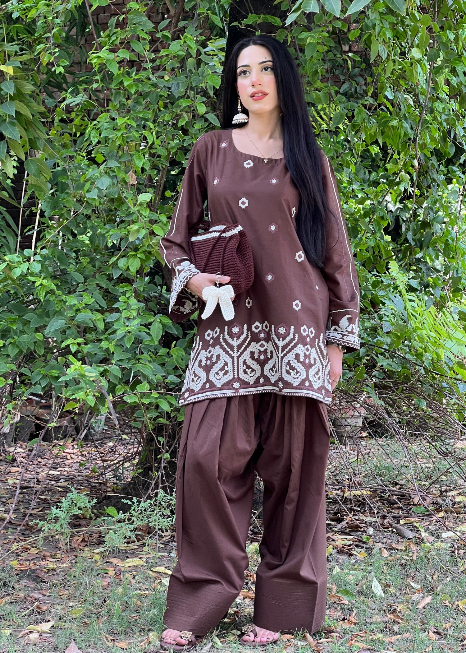 cotton Kurta Set in Mocha brown