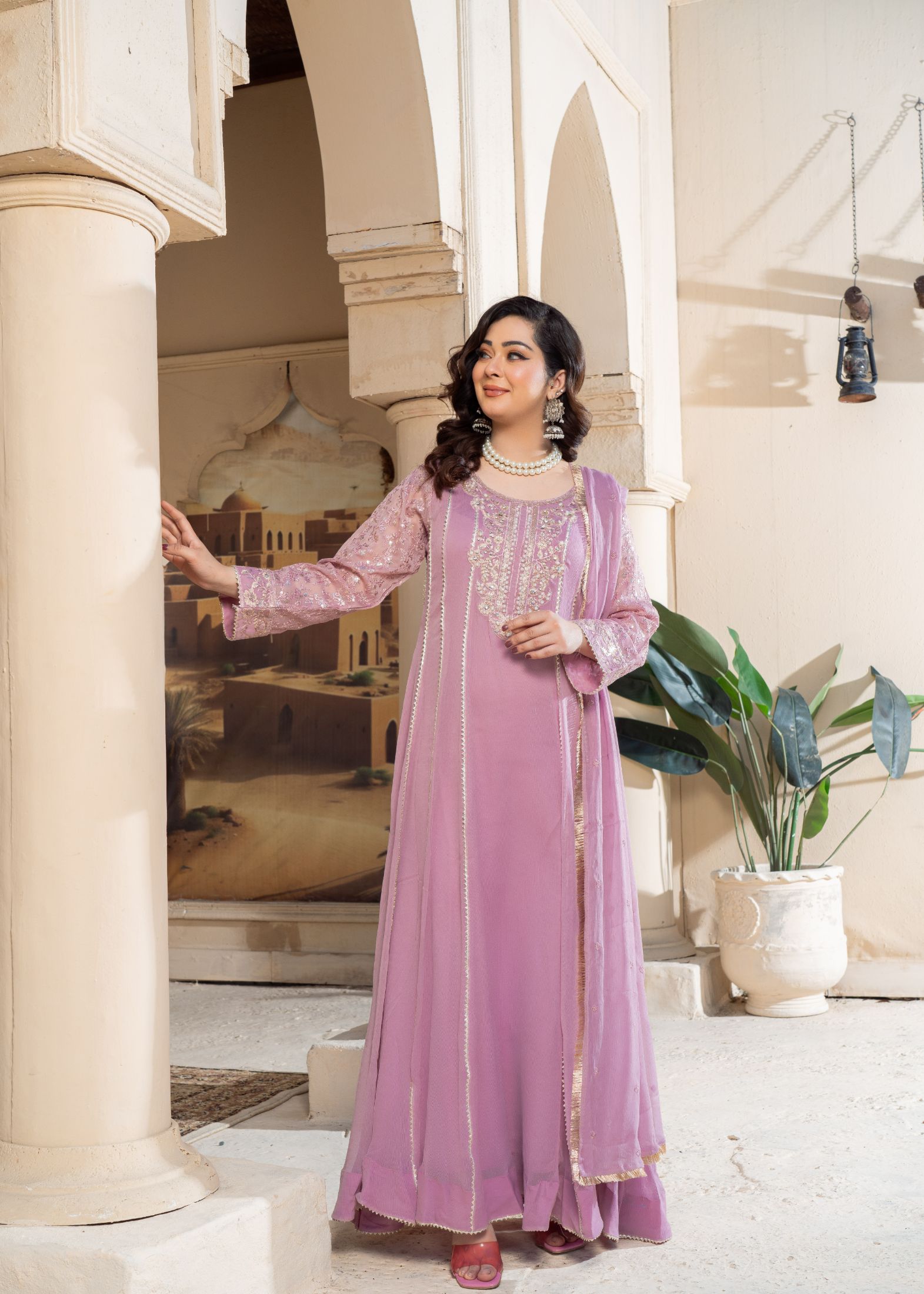chiffon Anarkali in Lilac