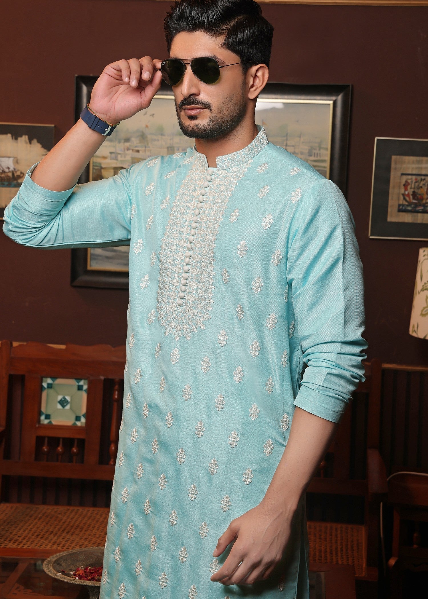 raw silk Kurta Set in Frost blue