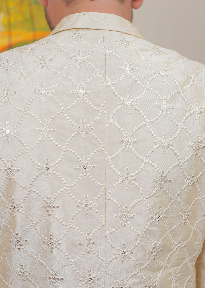 banarsi silk Prince Coat in Pearl white