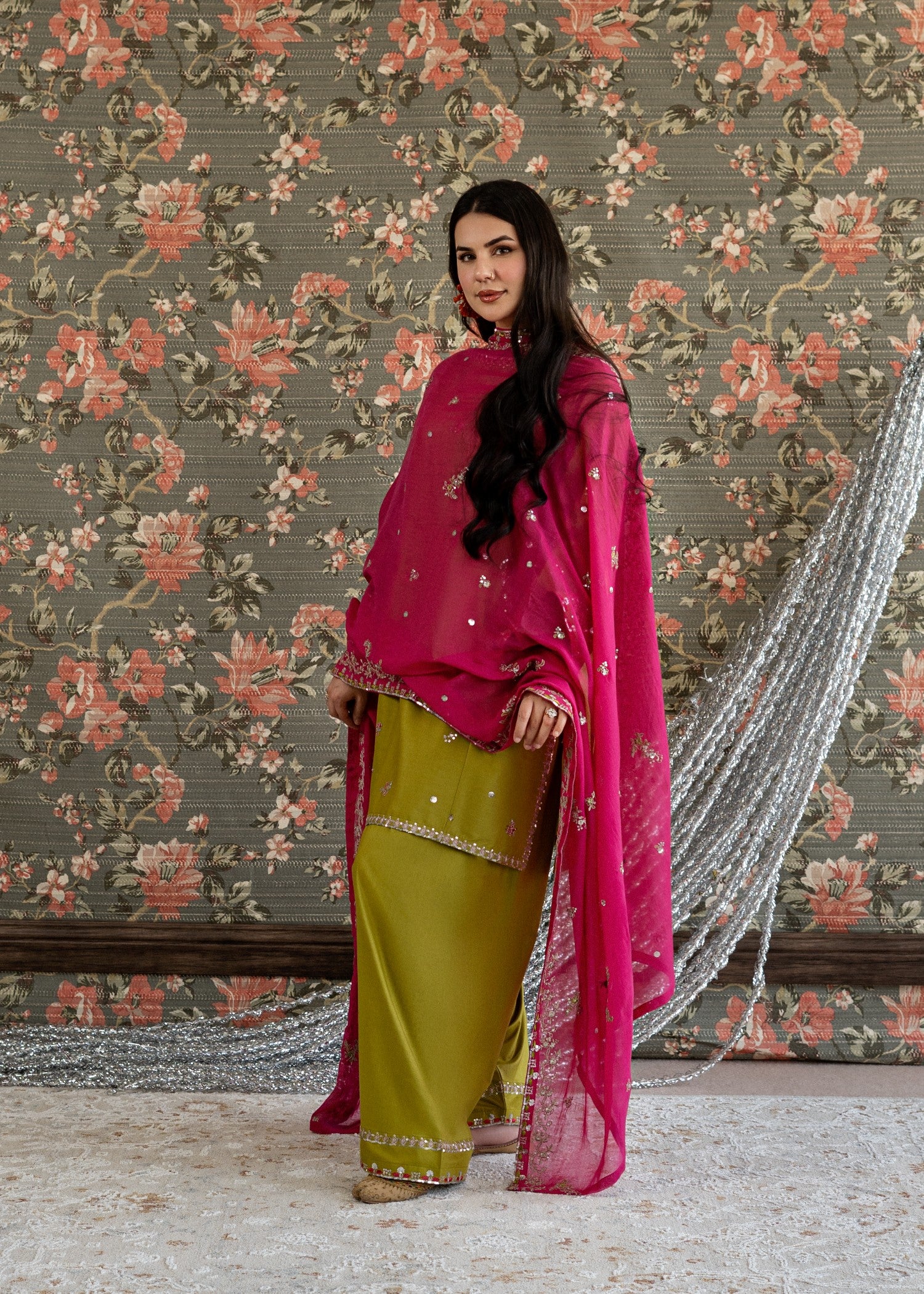 lawn Kurta Set in Shocking pink, olive green