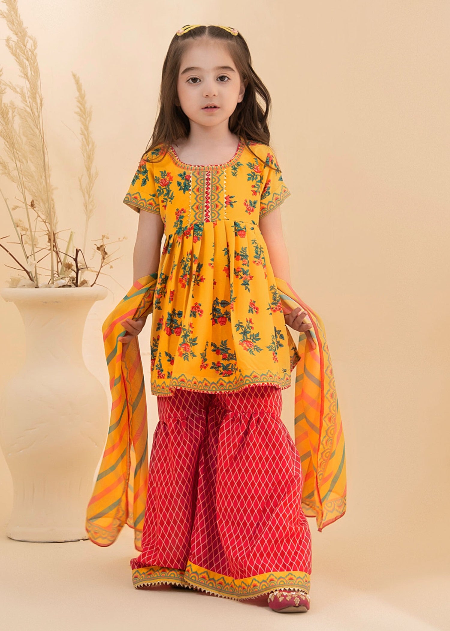 poly lawn Gharara in Mustard