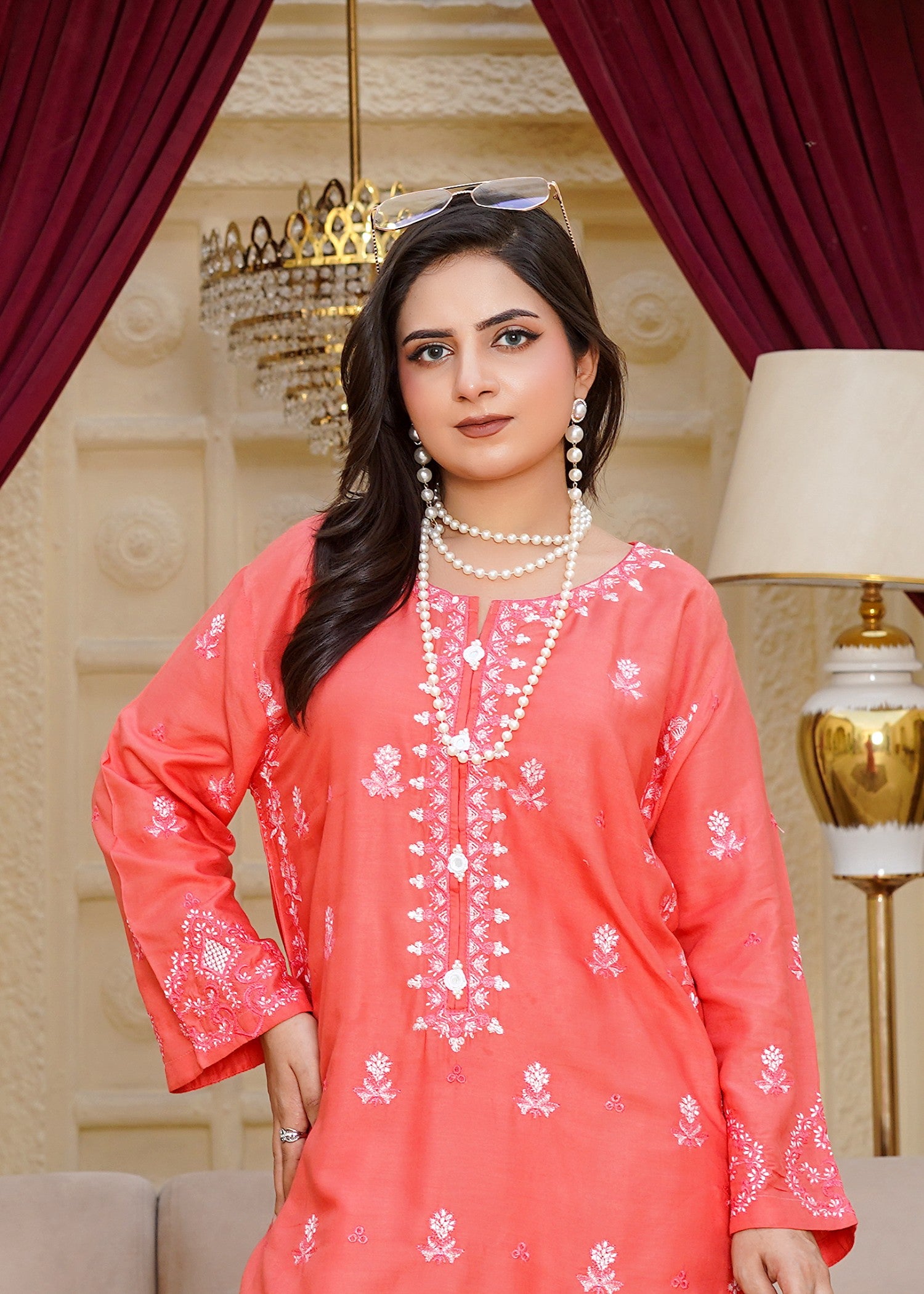 arabic lawn Kurta Set in Salmon pink